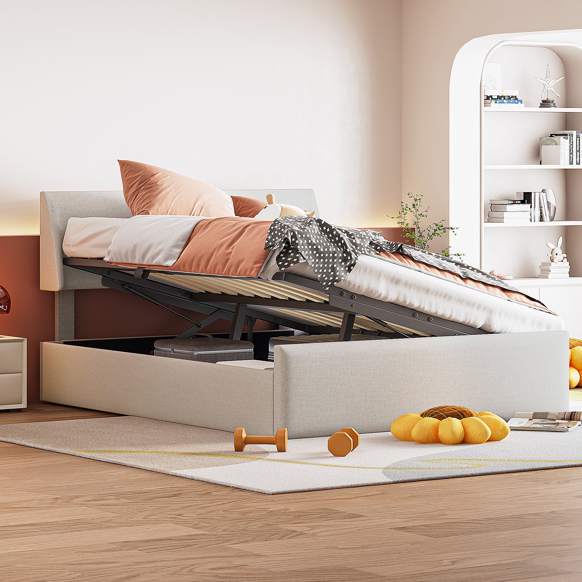 Queen Size Sleigh Bed with Side-Tilt Hydraulic Storage System, Linen Upholstery, Beige - Atlantic Fine Furniture Melbourne FL