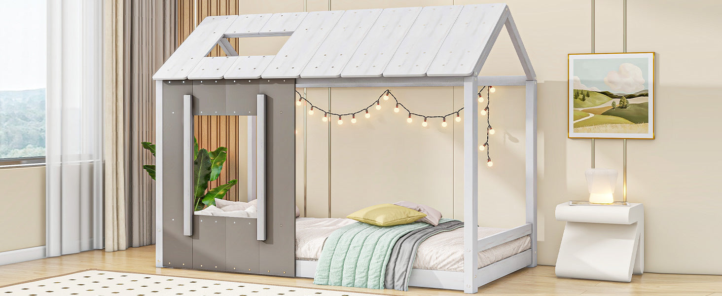 Twin Size House Platform with Roof and Window, White+Antique Grey(Old SKU: WF294130AAE) - Atlantic Fine Furniture Melbourne FL