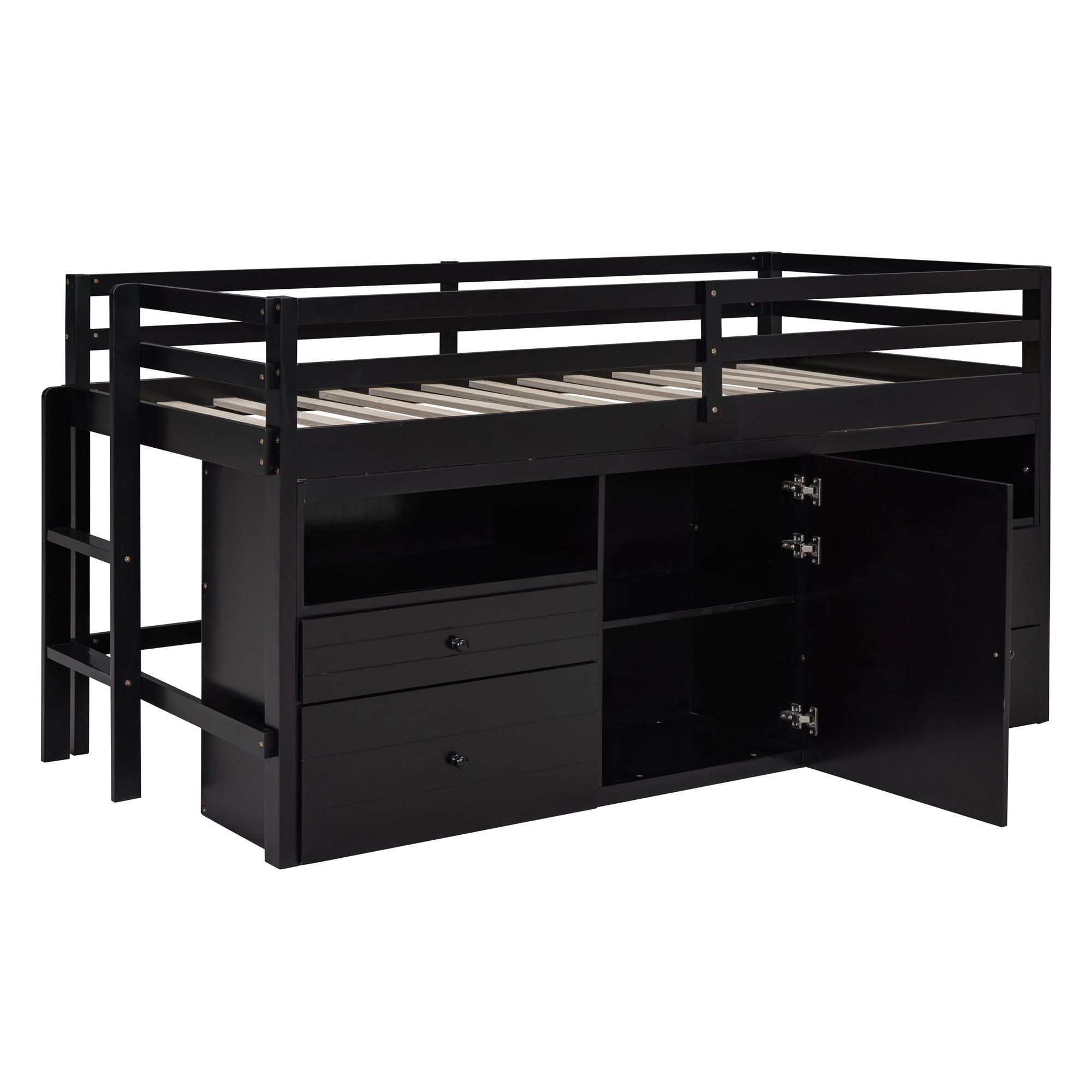 Twin Size Loft Bed with 4 Drawers, Underneath Cabinet and Shelves, Espresso - Atlantic Fine Furniture Melbourne FL
