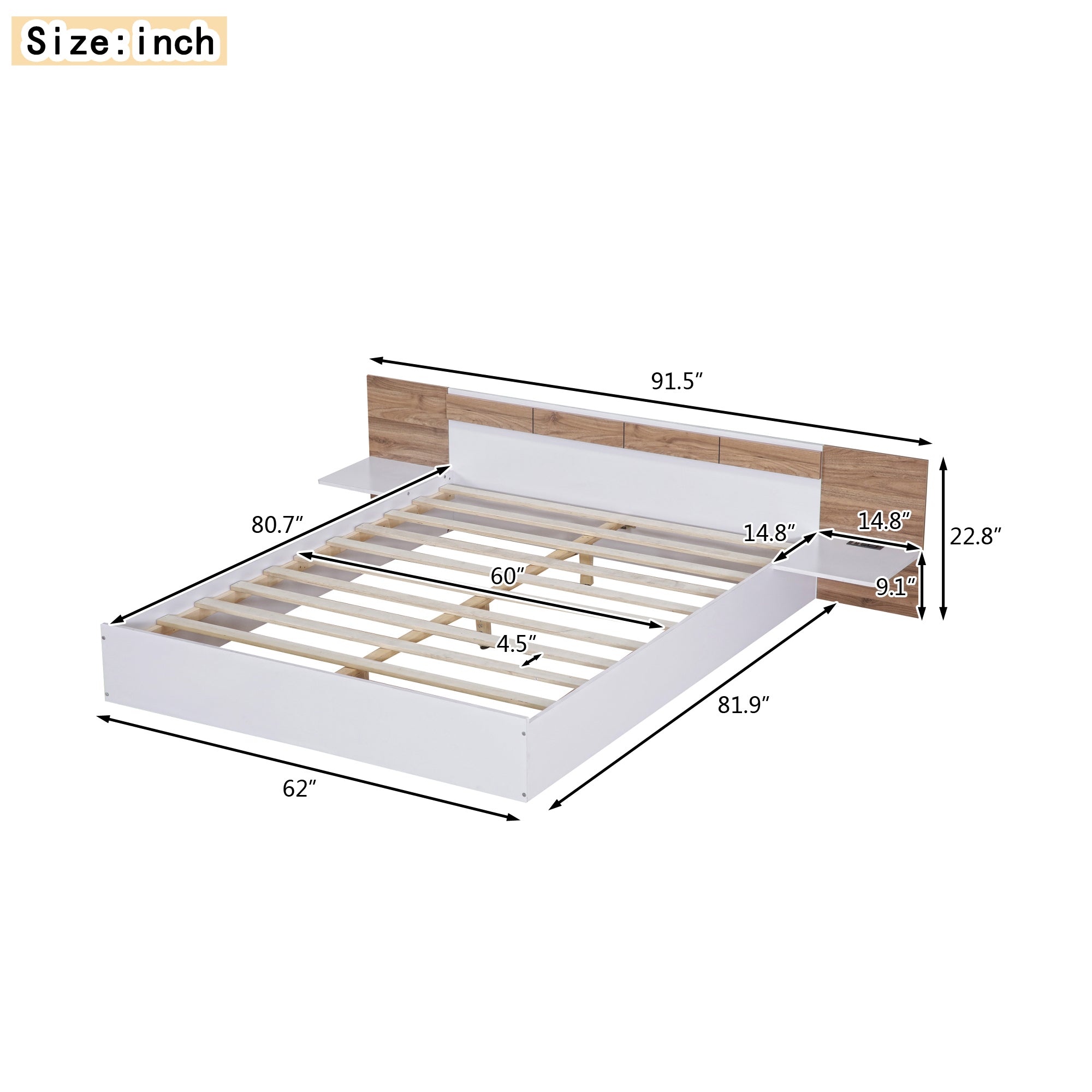 Queen Size Platform Bed with Headboard, Shelves, USB Ports and Sockets, White - Atlantic Fine Furniture Melbourne FL