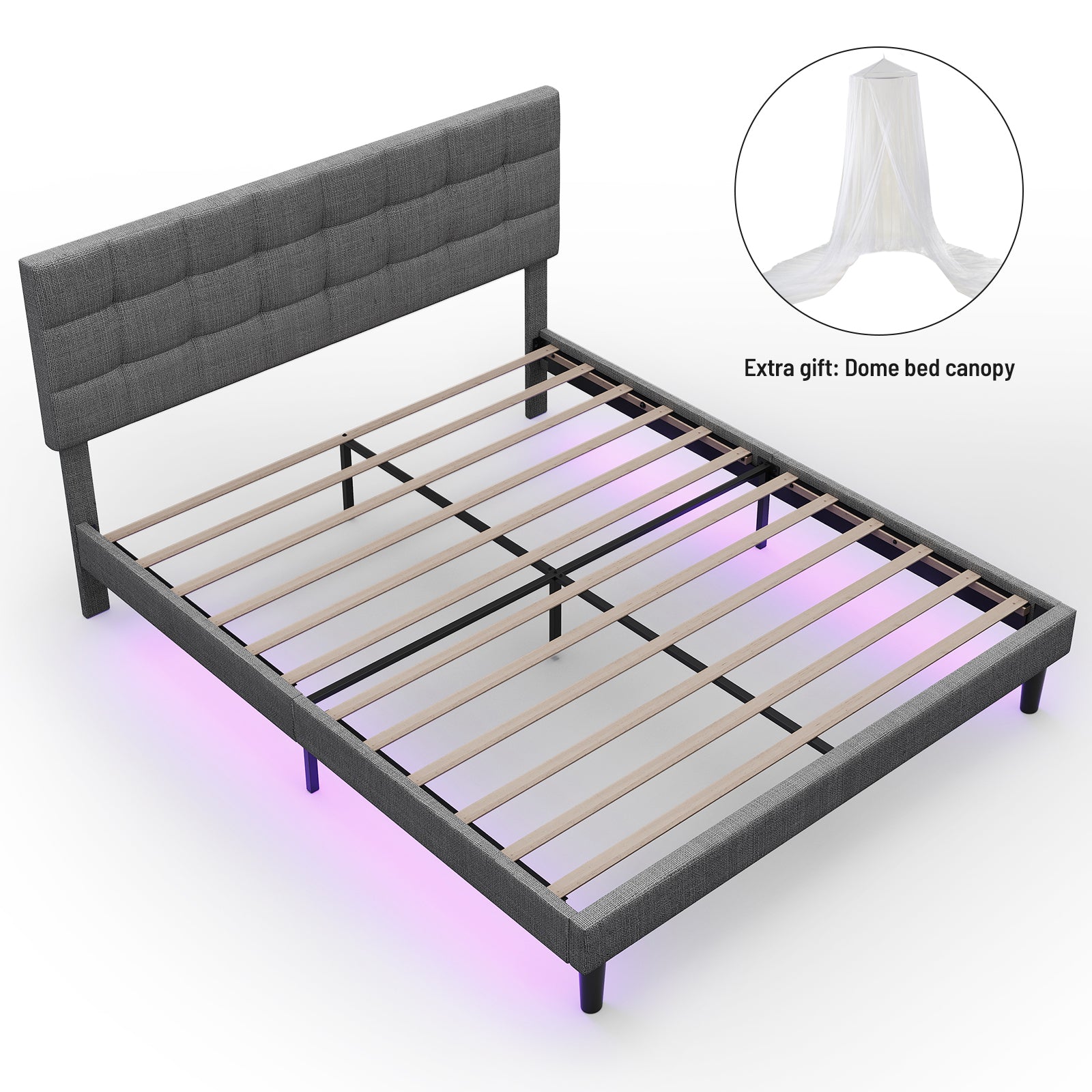 Queen Size Upholstered Platform Bed Linen Bed Frame with Lights Square Stitched Adjustable Headboard Strong Bed Slats System No Box Spring Needed Grey - Atlantic Fine Furniture Melbourne FL