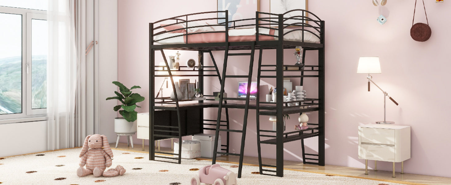 Twin Size Loft Bed with 4 Layers of Shelves and L-shaped Desk, Stylish Metal Frame Bed with a set of Sockets, USB Ports and Wireless Charging, Black - Atlantic Fine Furniture Melbourne FL