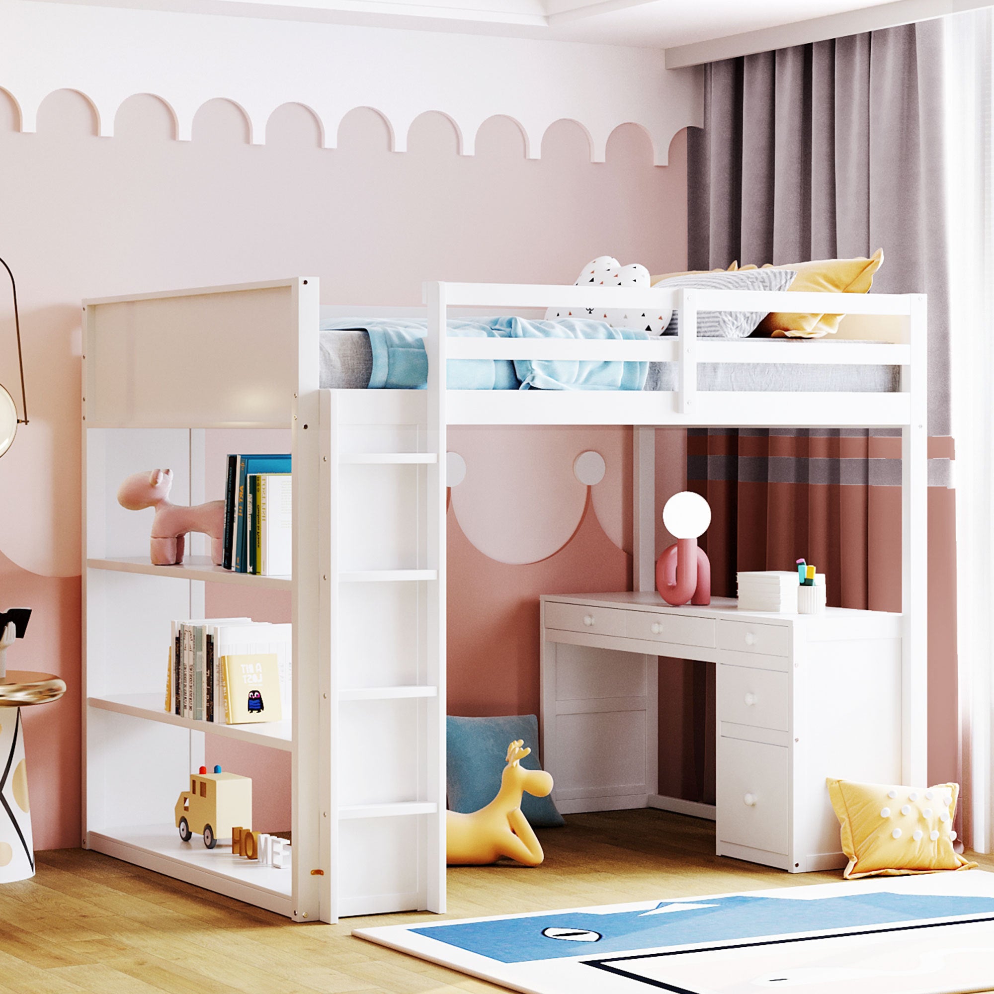 Full Size Loft Bed with Ladder, Shelves, and Desk, White - Atlantic Fine Furniture Melbourne FL