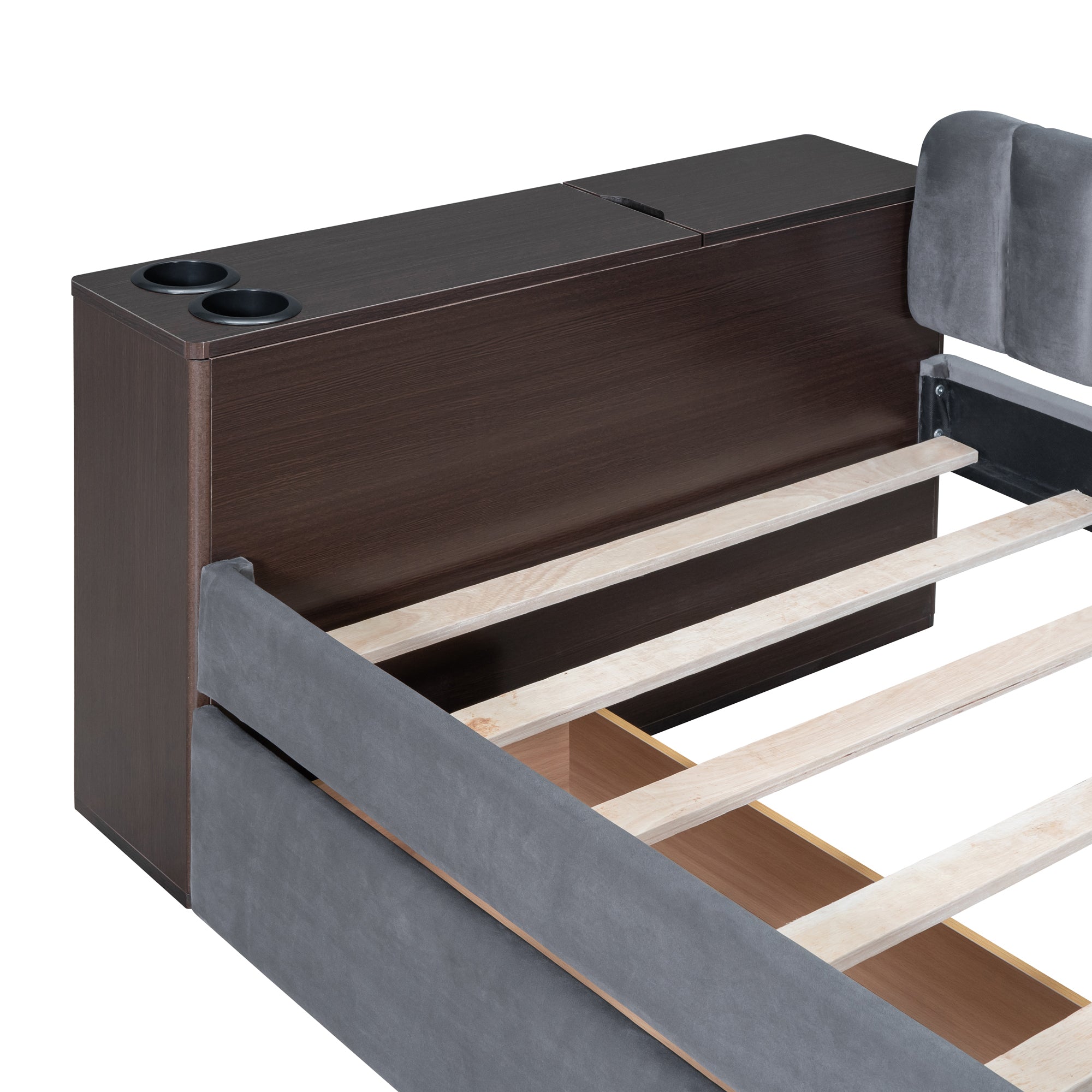 Twin Size Upholstered Daybed with Storage Armrest and 2 Drawers, Multi-functional Daybed with Cup Holder and a set of USB Ports and Sockets, Gray - Atlantic Fine Furniture Melbourne FL