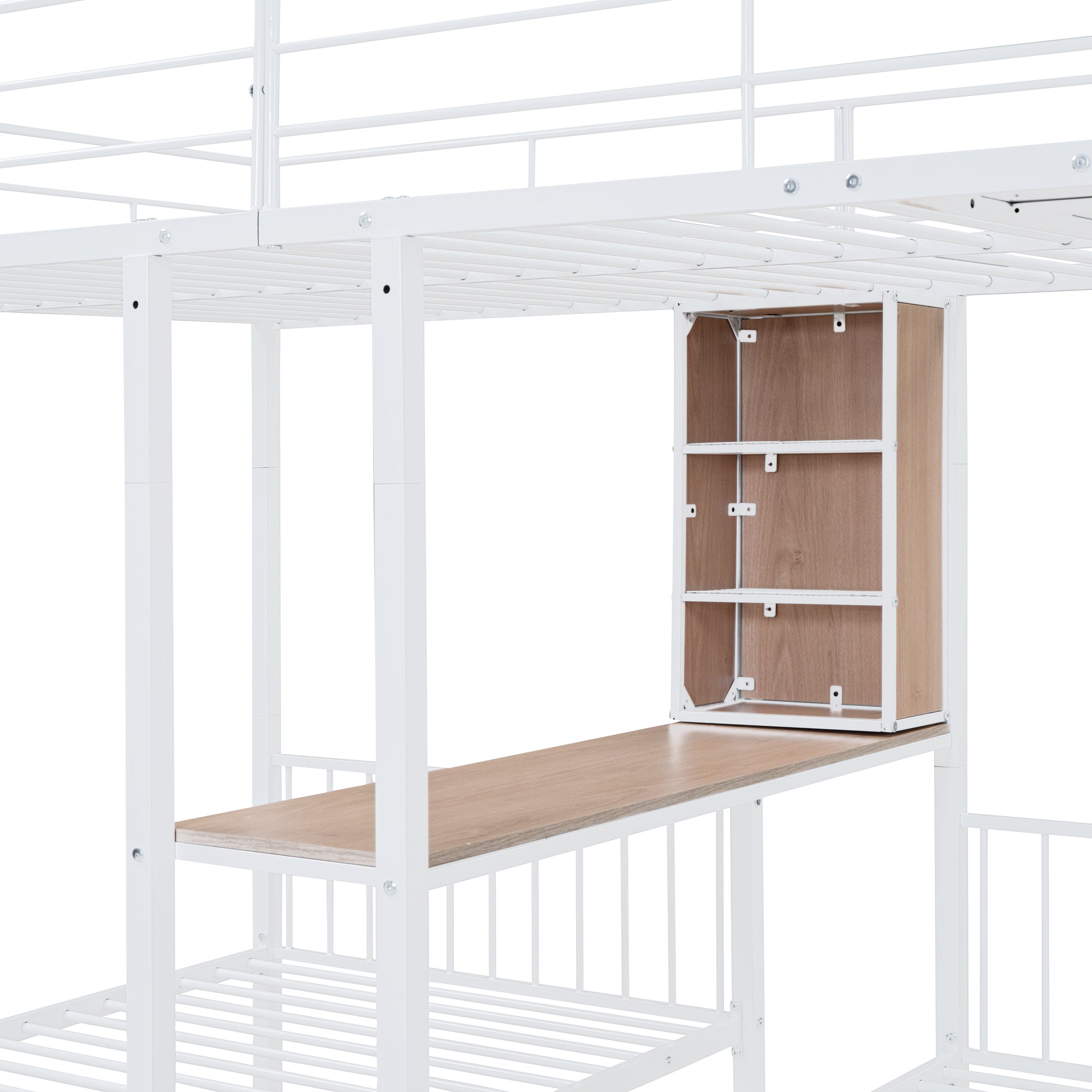 Full Over Twin & Twin Triple Bunk Bed with Drawers, Multi-functional Metal Frame Bed with desks and shelves in the middle, White - Atlantic Fine Furniture Melbourne FL