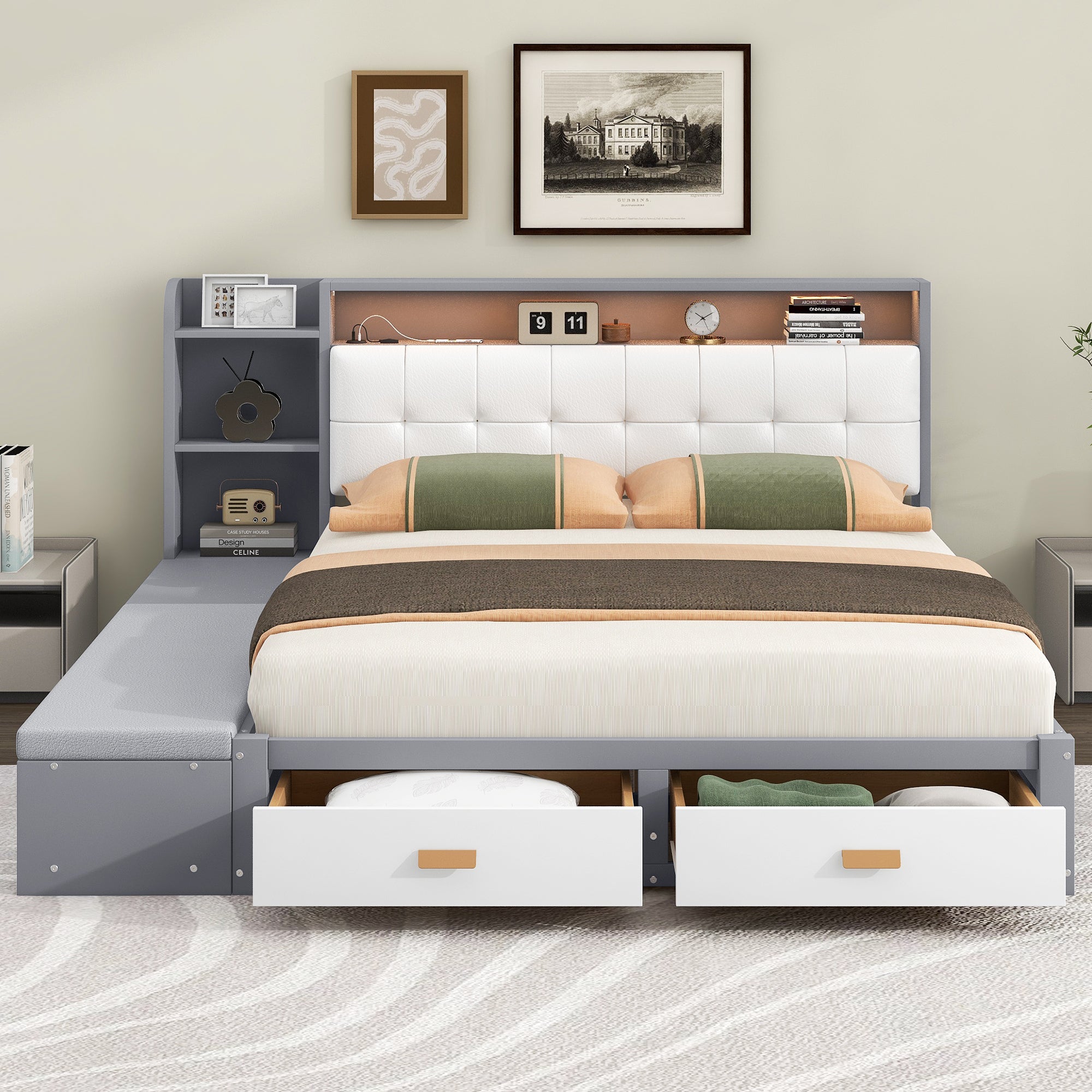 Queen Size Low Profile Platform Bed Frame with Upholstery Headboard and Storage Shelves and Drawers,USB Charging Design,Gray - Atlantic Fine Furniture Melbourne FL