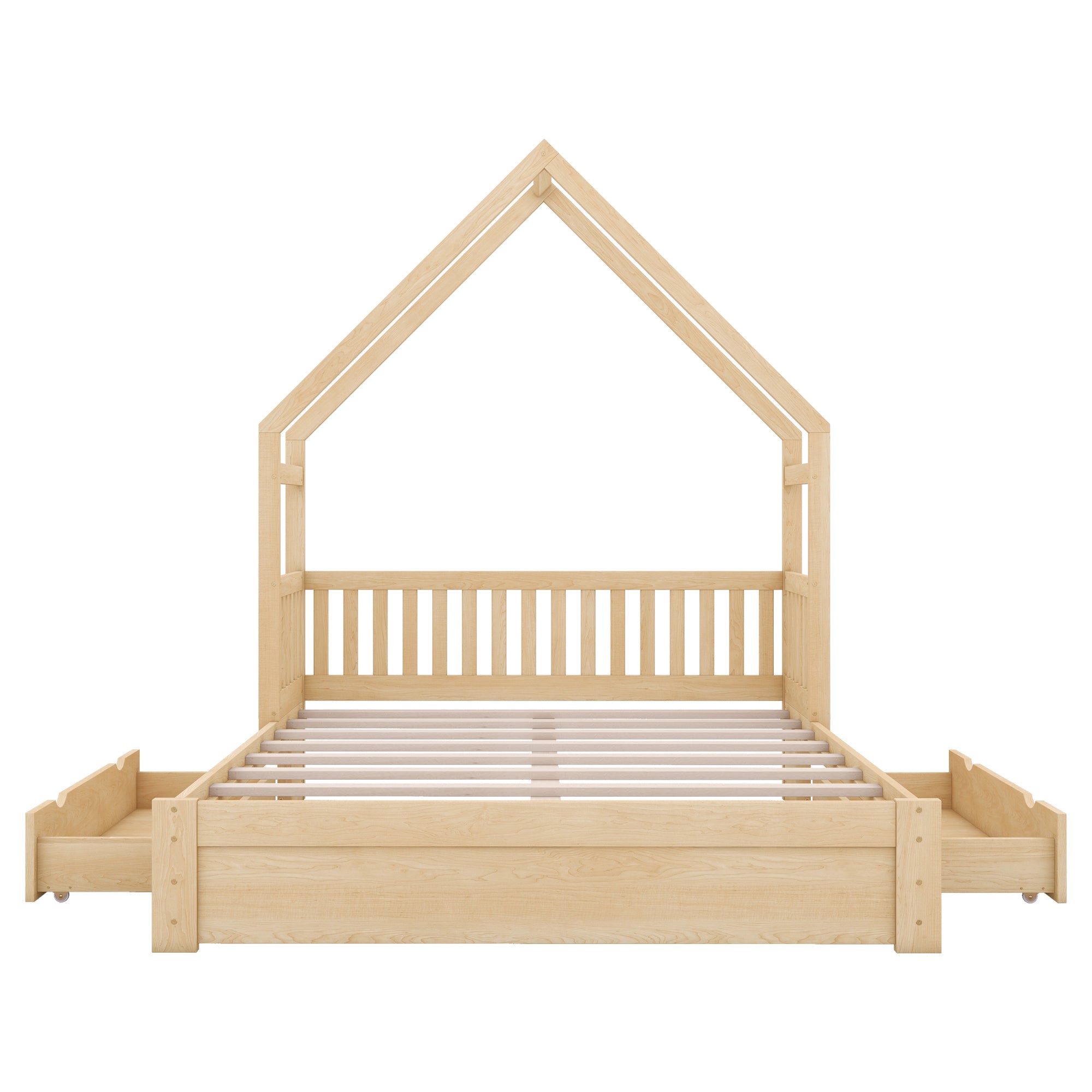 Wood Queen Size House Platform Bed with Guardrail and 2 Drawers, Natural (Expected Arrival Time:4.26)