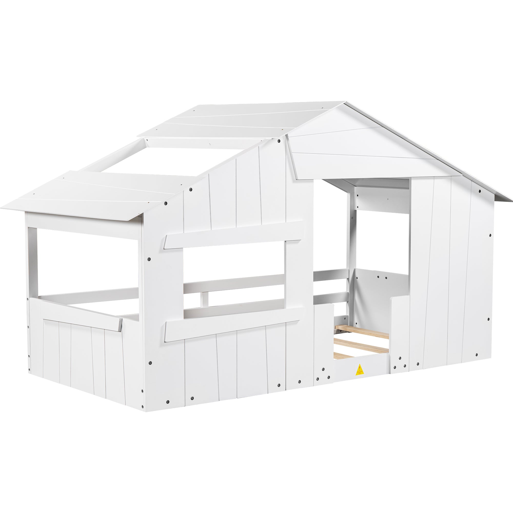 Wood Twin Size House Bed with Roof, Window and Guardrail, White - Atlantic Fine Furniture Melbourne FL
