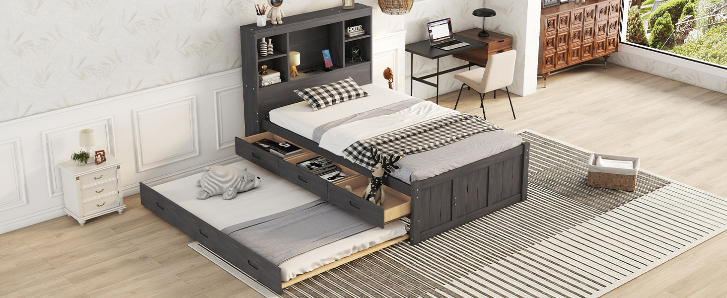Twin Size Platform Bed with Storage Headboard, Charging Station, Twin Size Trundle and 3 Drawers, Antique Brown - Atlantic Fine Furniture Melbourne FL