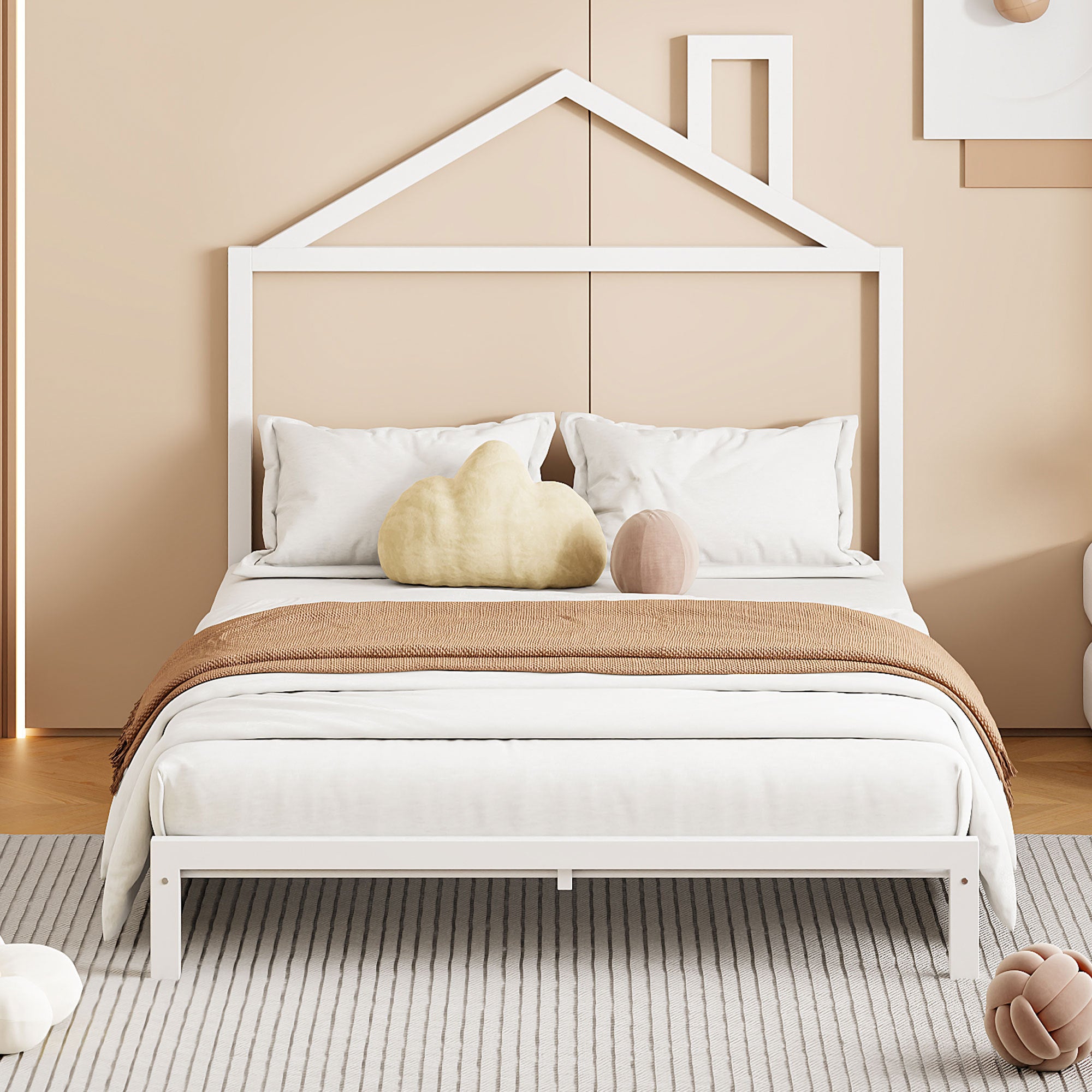 Full Size Metal Platform Bed with House-Shaped Headboard Design, White - Atlantic Fine Furniture Melbourne FL