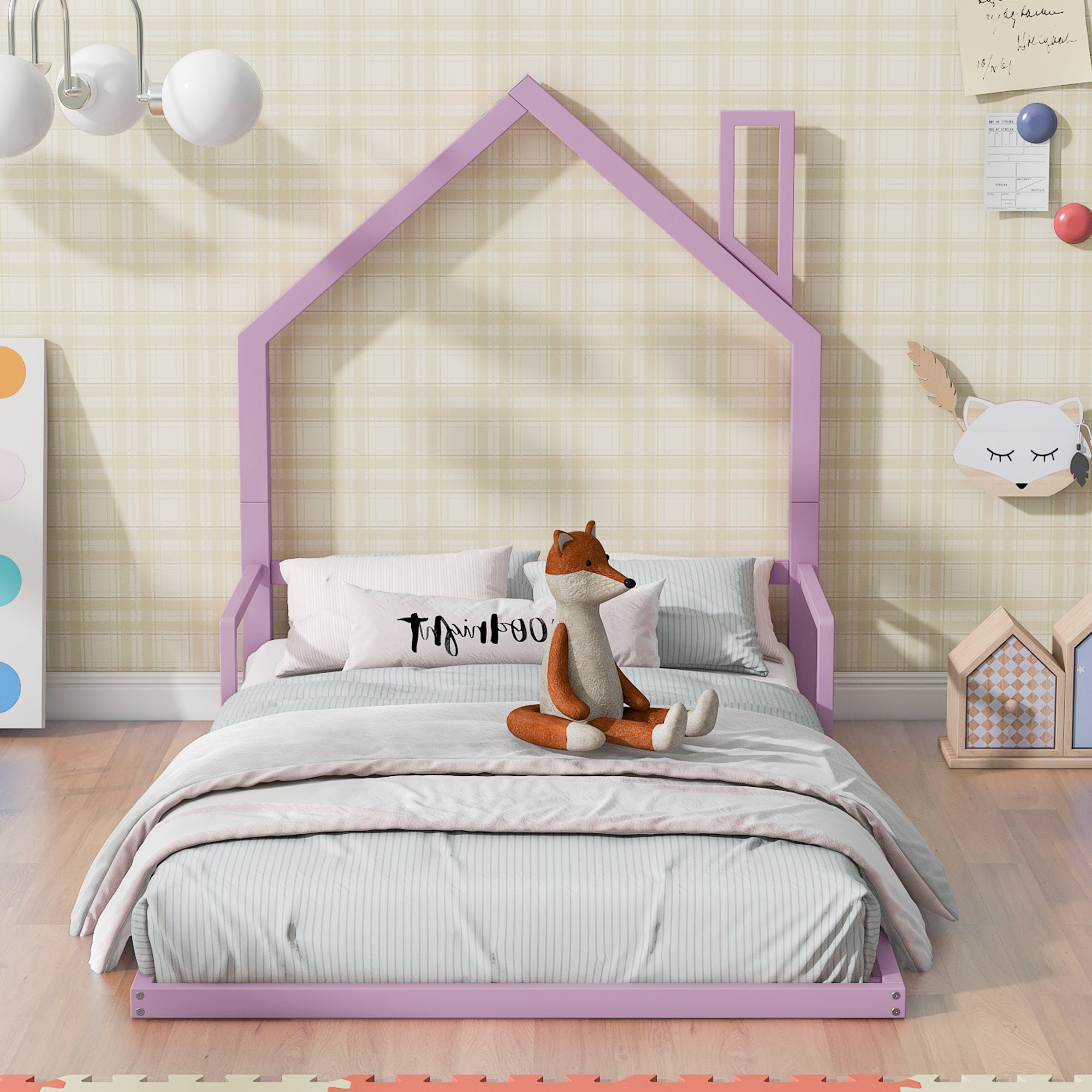 Twin Size Metal Floor Bed with House-shaped Headboard, Pink - Atlantic Fine Furniture Melbourne FL