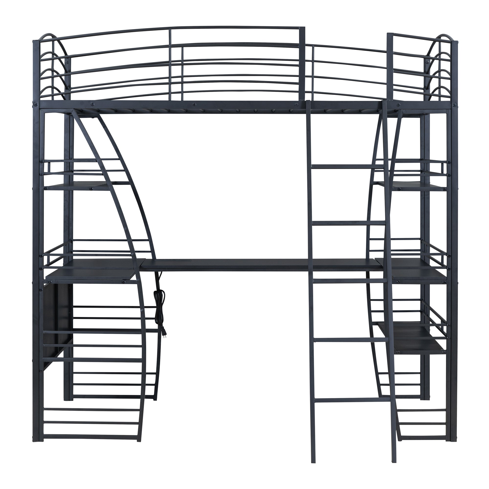 Twin Size Loft Bed with 4 Layers of Shelves and L-shaped Desk, Stylish Metal Frame Bed with a set of Sockets, USB Ports and Wireless Charging, Black - Atlantic Fine Furniture Melbourne FL