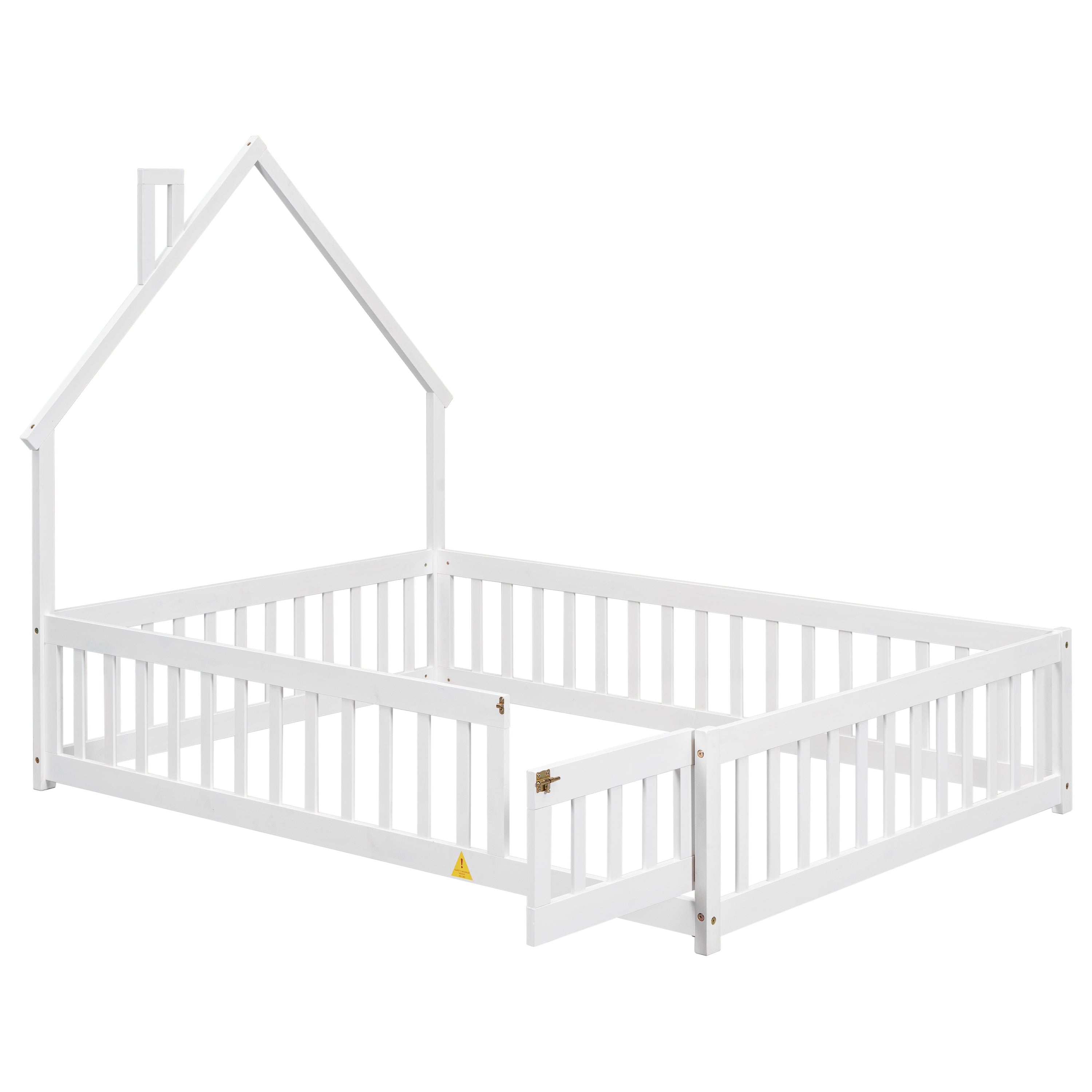 Full House-Shaped Headboard Floor Bed with Fence ,White