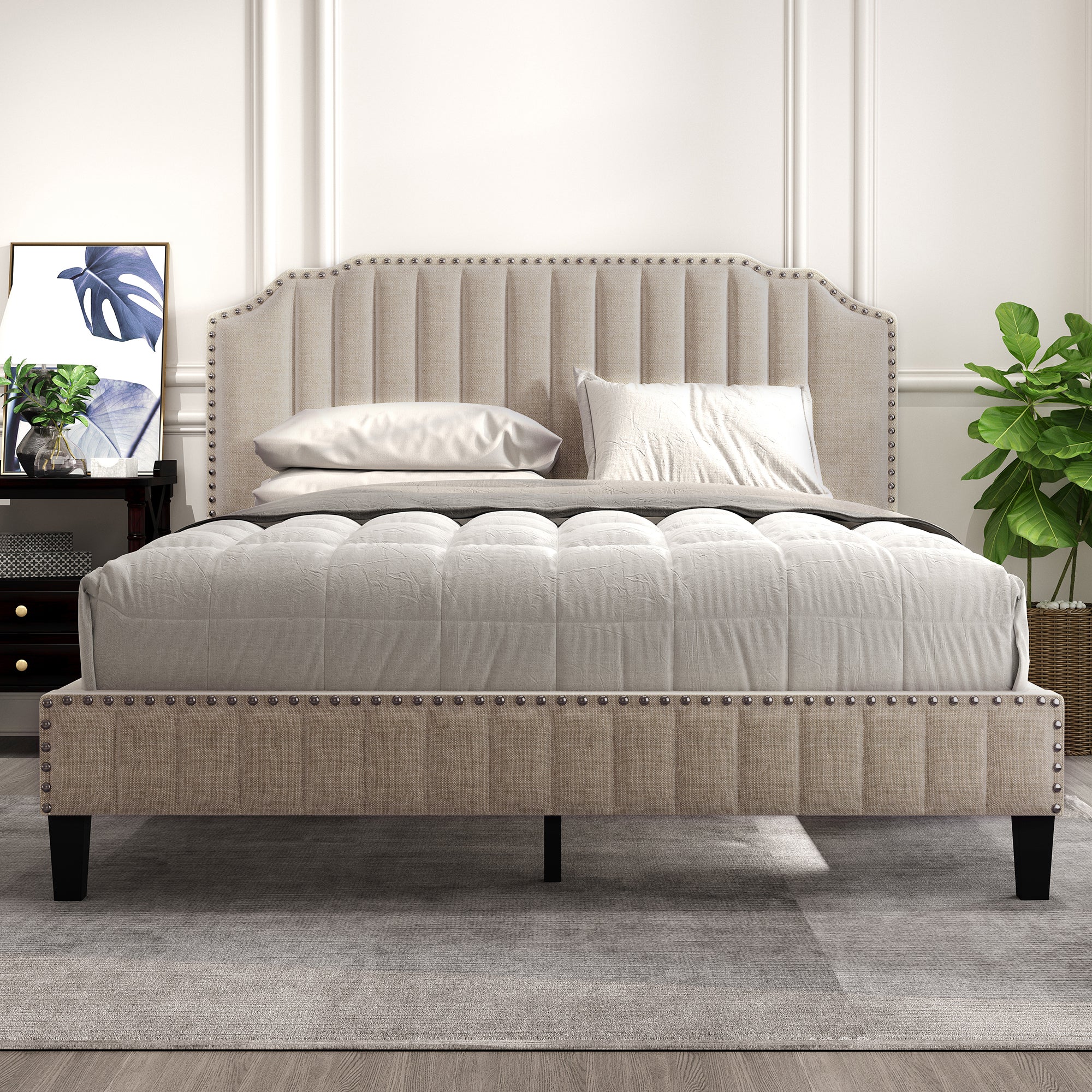 Modern Linen Curved Upholstered Platform Bed , Solid Wood Frame , Nailhead Trim, Beige (Queen) - Atlantic Fine Furniture Melbourne FL