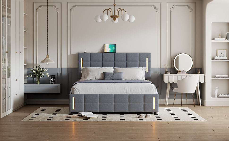 Queen Size Upholstered Bed with Hydraulic Storage System and LED Light, Gray - Atlantic Fine Furniture Melbourne FL