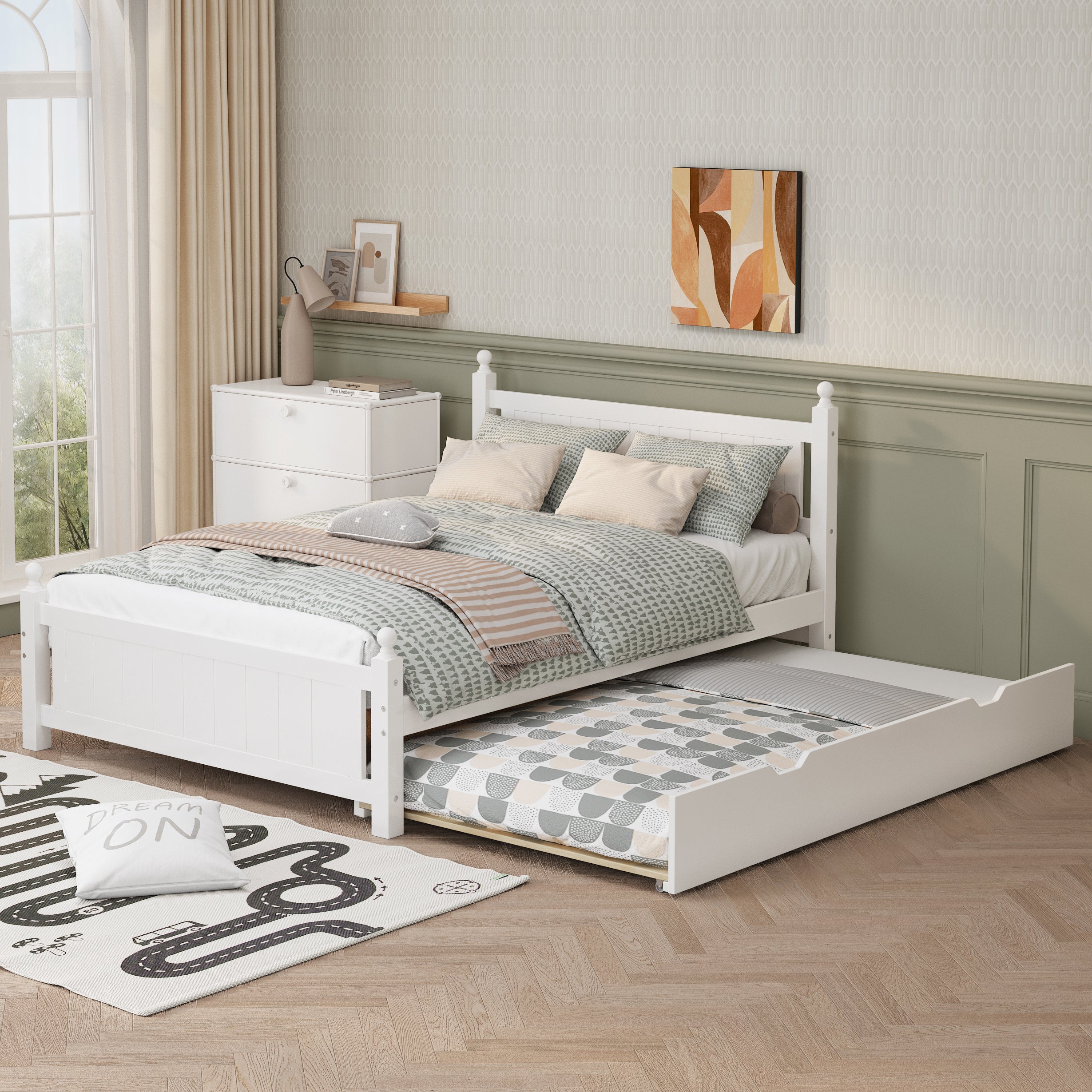 Full Size Solid Wood Platform Bed Frame with trundle for Limited Kids, Teens, Adults, No Need Box Spring, White - Atlantic Fine Furniture Melbourne FL