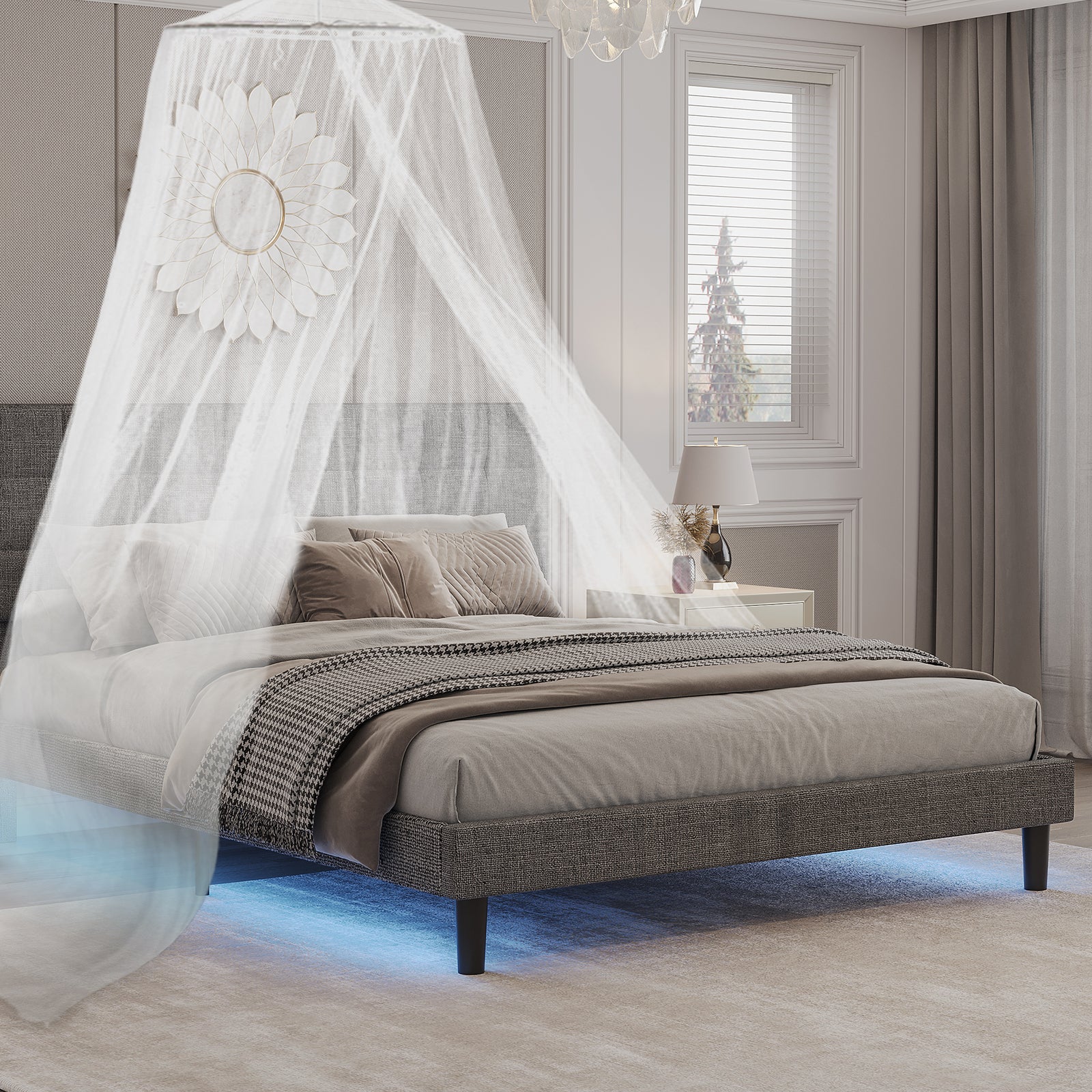 Queen Size Upholstered Platform Bed Linen Bed Frame with Lights Square Stitched Adjustable Headboard Strong Bed Slats System No Box Spring Needed Grey - Atlantic Fine Furniture Melbourne FL