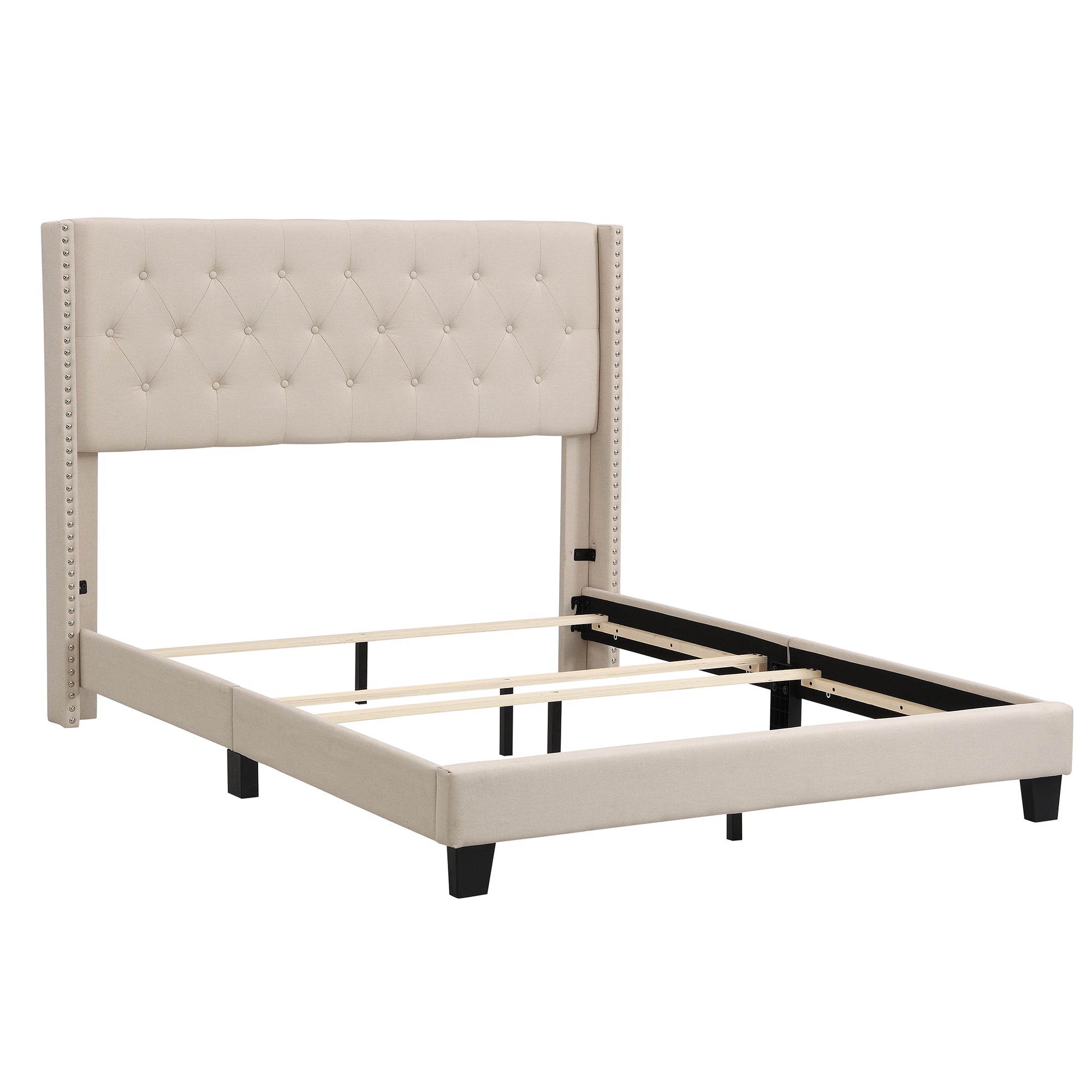 Upholstered Platform Bed with Classic Headboard, Box Spring Needed, Beige Linen Fabric, Queen Size - Atlantic Fine Furniture Melbourne FL