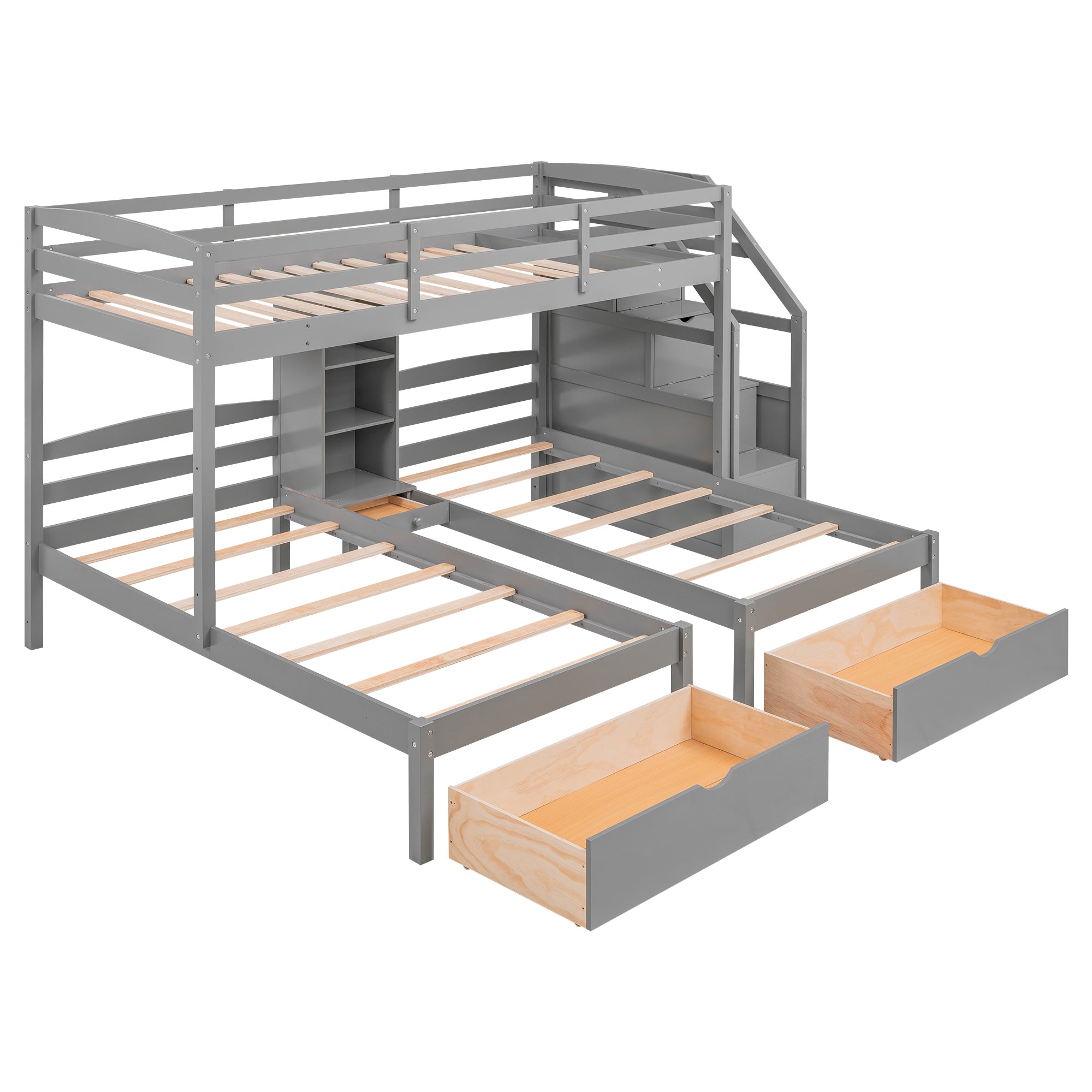 Twin over Twin&Twin Bunk Bed, Triple Bunk Bed with Drawers, Staircase with Storage, Built-in Shelves, Gray - Atlantic Fine Furniture Melbourne FL