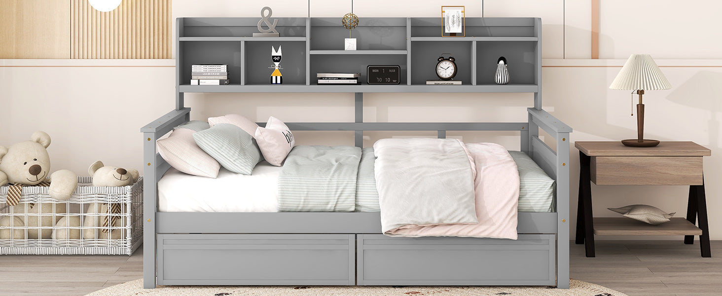 Full size Daybed, Wood Slat Support, with Bedside Shelf and Two Drawers, Gray - Atlantic Fine Furniture Melbourne FL