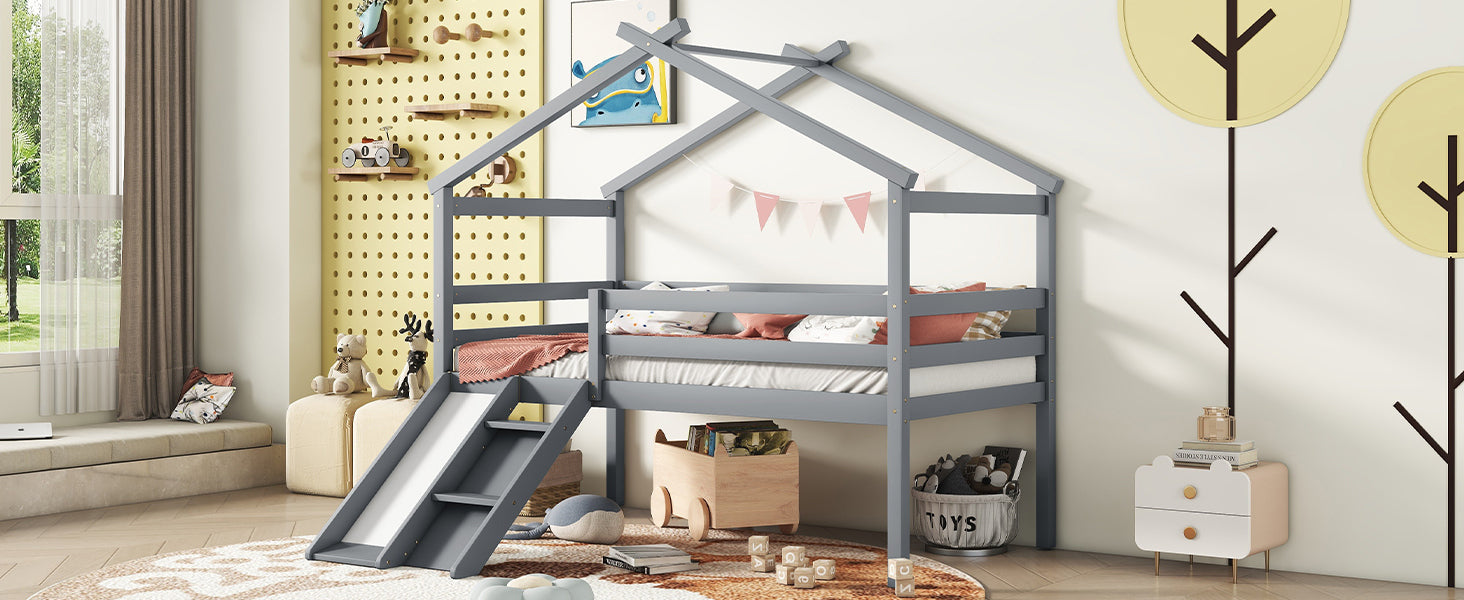 Twin Low Loft House Bed with Slide, Ladder, Safety Guardrails, House Roof Frame,Grey