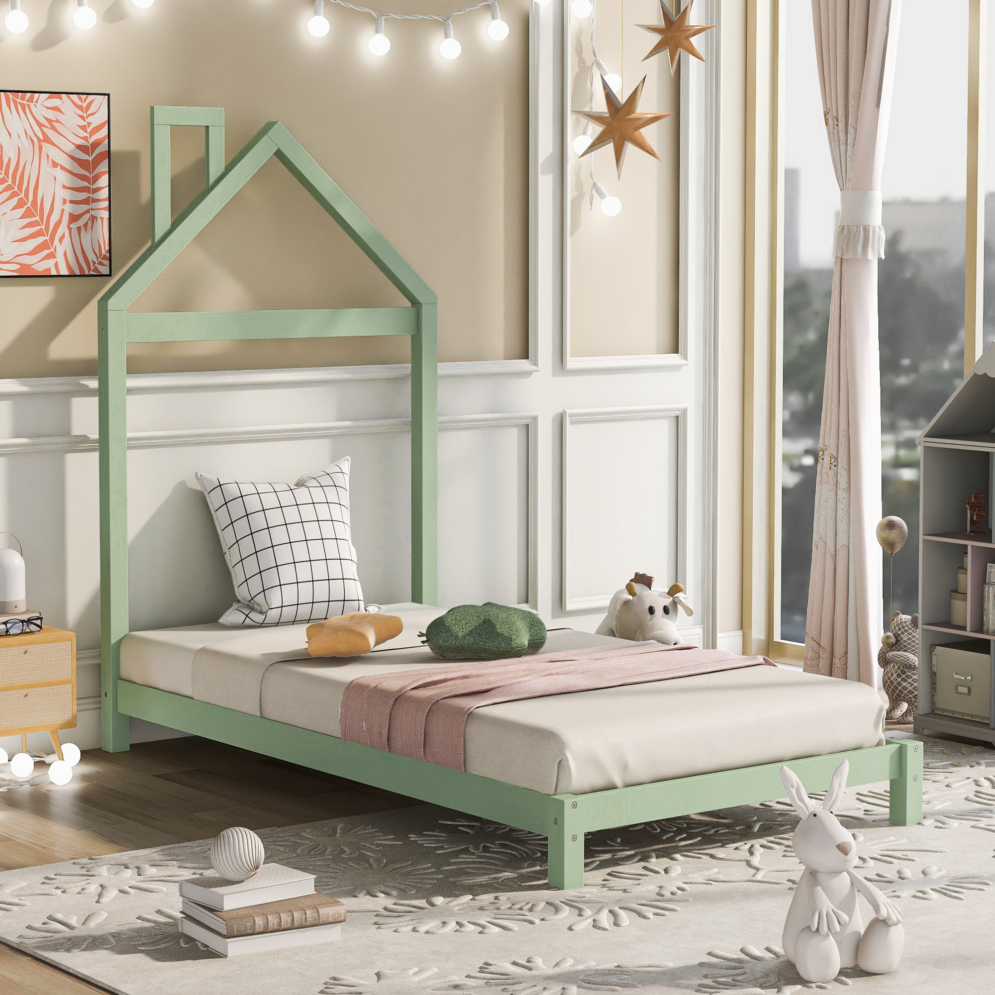 Twin Size Wood Platform Bed with House-shaped Headboard (Green) - Atlantic Fine Furniture Melbourne FL