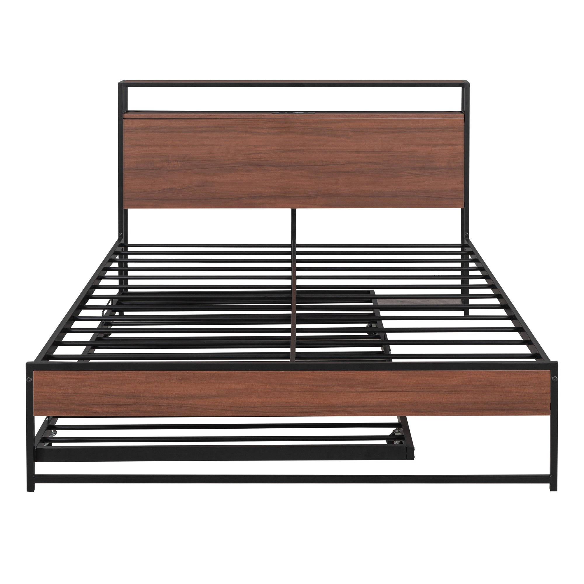 Full Size Metal Platform Bed Frame with Trundle, USB Ports and Slat Support ,No Box Spring Needed Black