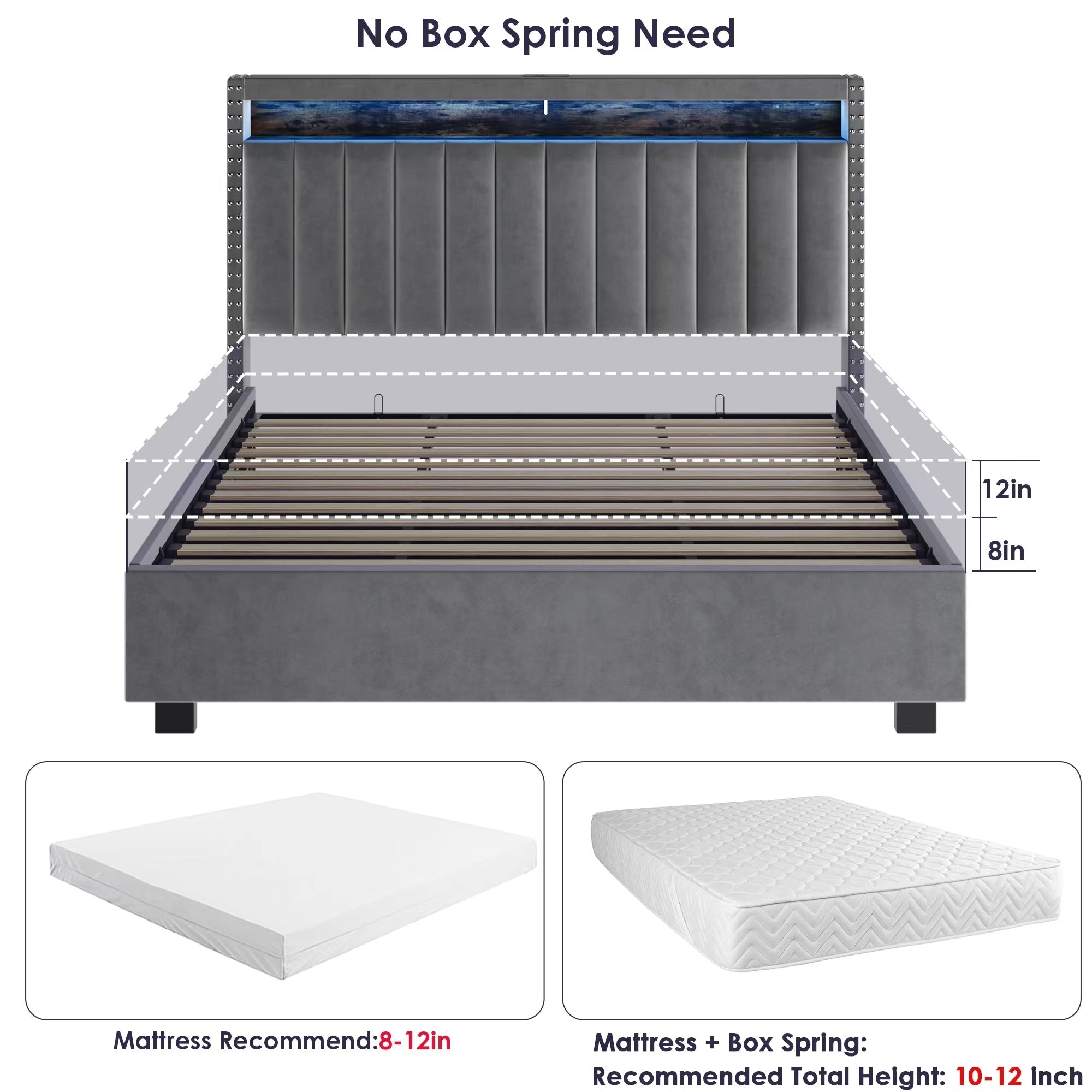 Luxury Gas Lift Storage Bed with RF LED Lights, Storage Headboard ,QUEEN Size ,Velvet Grey - Atlantic Fine Furniture Melbourne FL