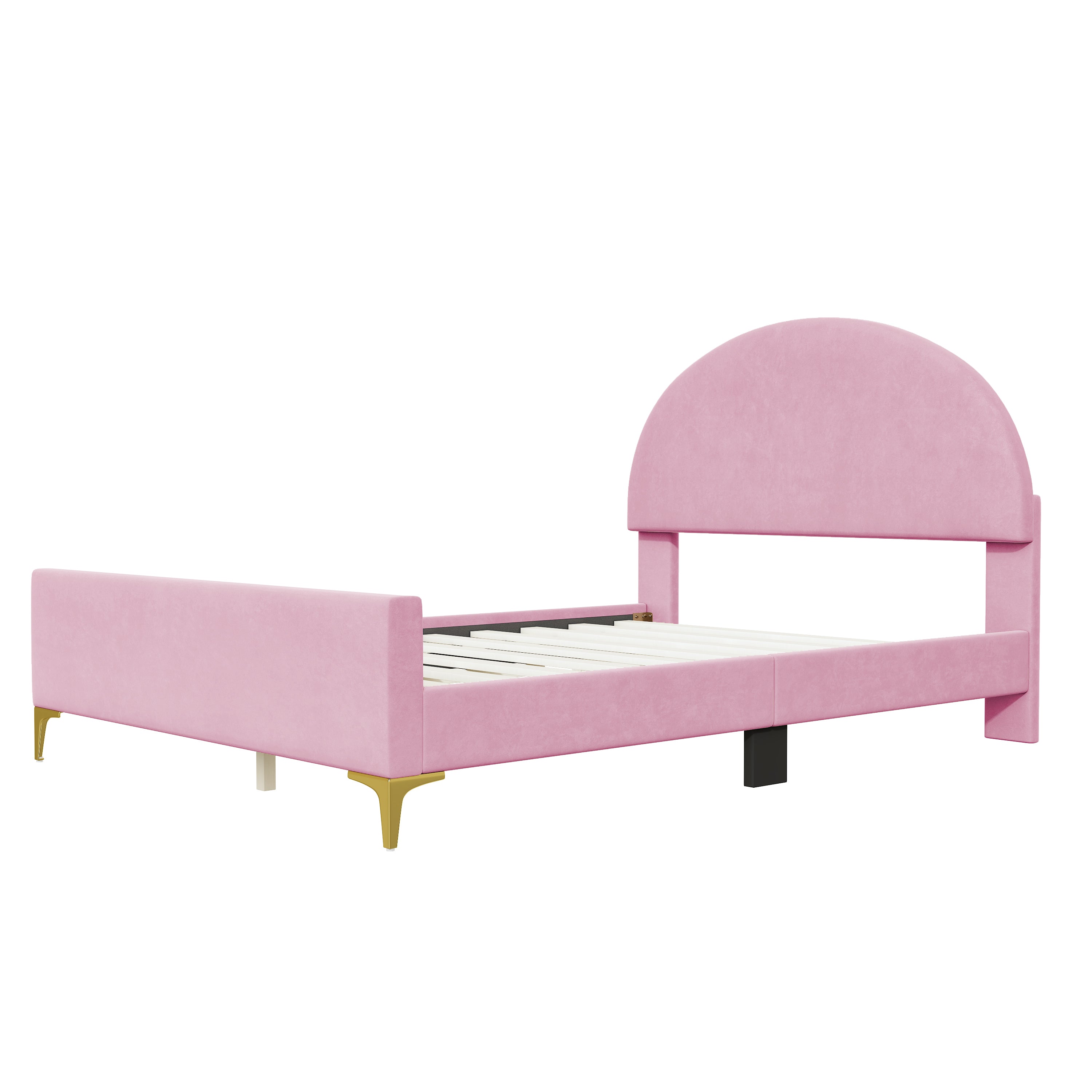 Full Size Upholstered Platform Bed with Classic Semi-circle Shaped headboard and Mental Legs, Velvet, Pink - Atlantic Fine Furniture Melbourne FL