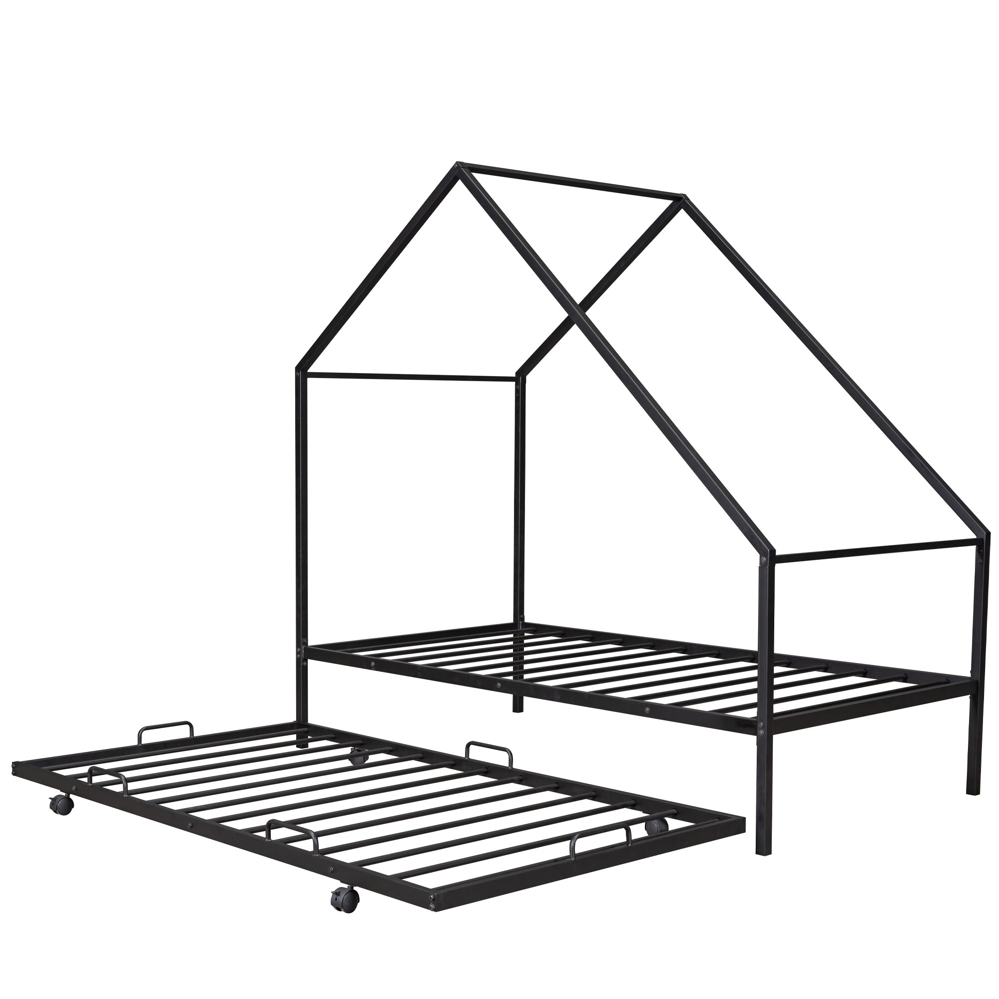 Metal House Bed With Trundle, Twin Size House Bed Black