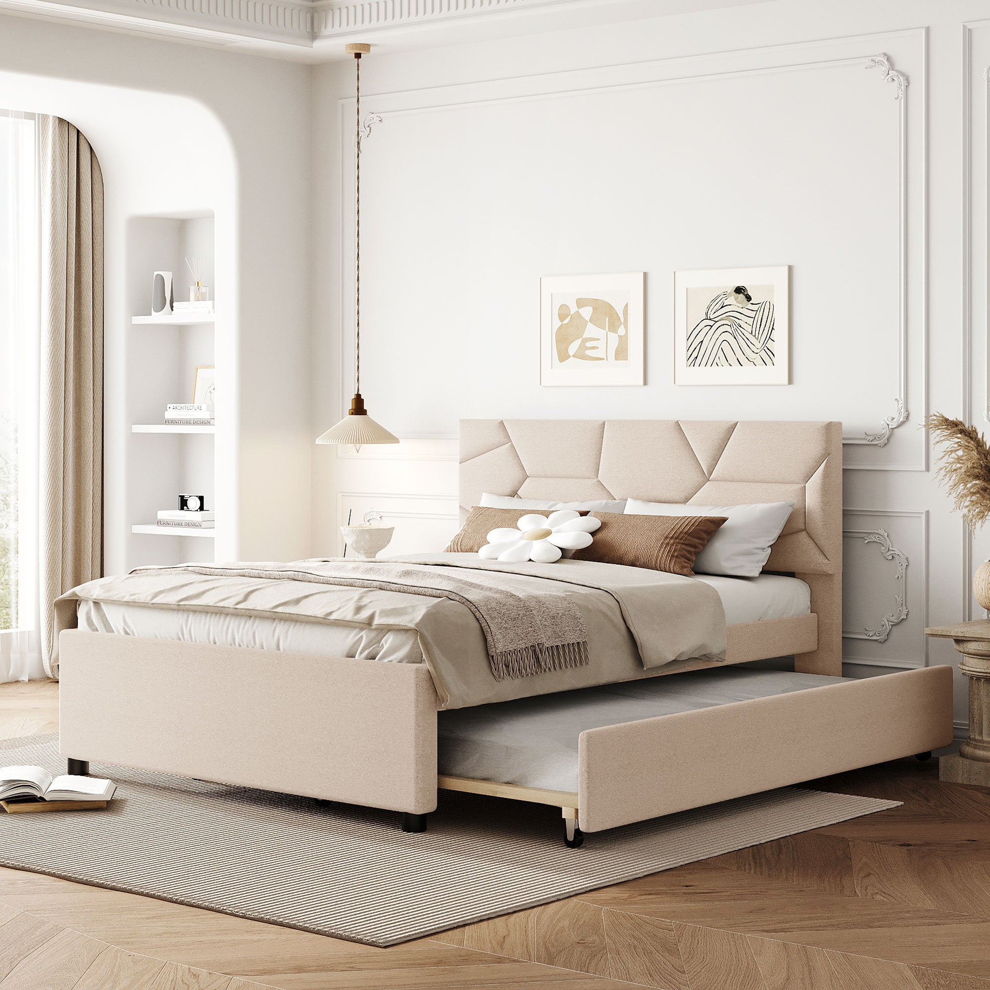 Full Size Upholstered Platform Bed with Brick Pattern Headboard and Twin Size Trundle, Linen Fabric, Beige - Atlantic Fine Furniture Melbourne FL