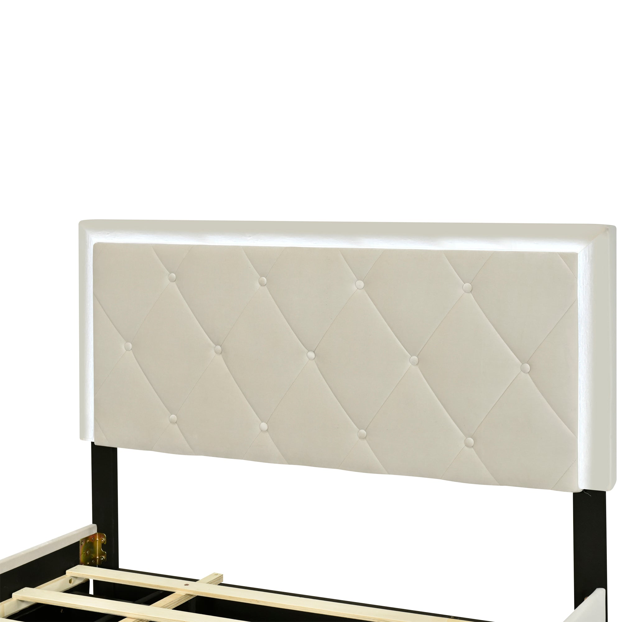 Full Size Velvet Storage Platform Bed, with 2 Big Drawers, T Size Trundle and LED Light, Beige - Atlantic Fine Furniture Melbourne FL