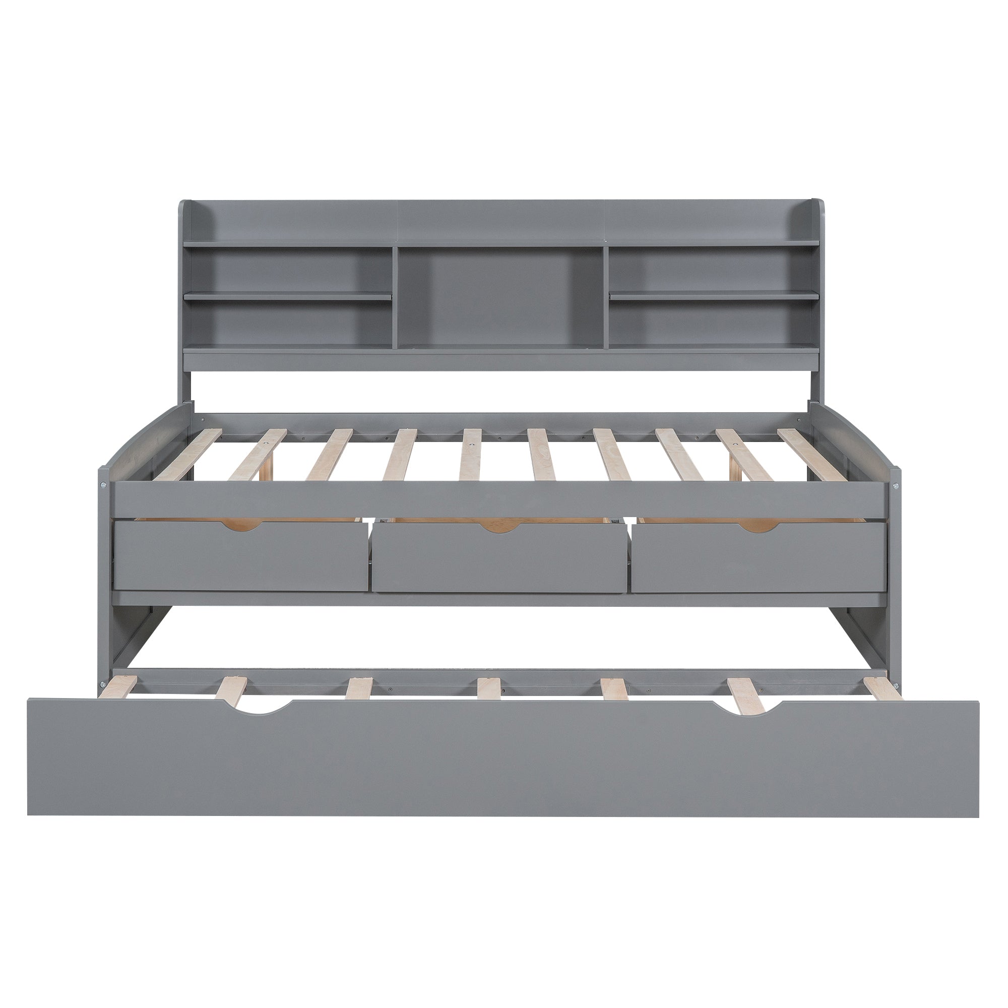 Full Size Wooden Captain Bed with Built-in Bookshelves,Three Storage Drawers and Trundle,Light Grey - Atlantic Fine Furniture Melbourne FL