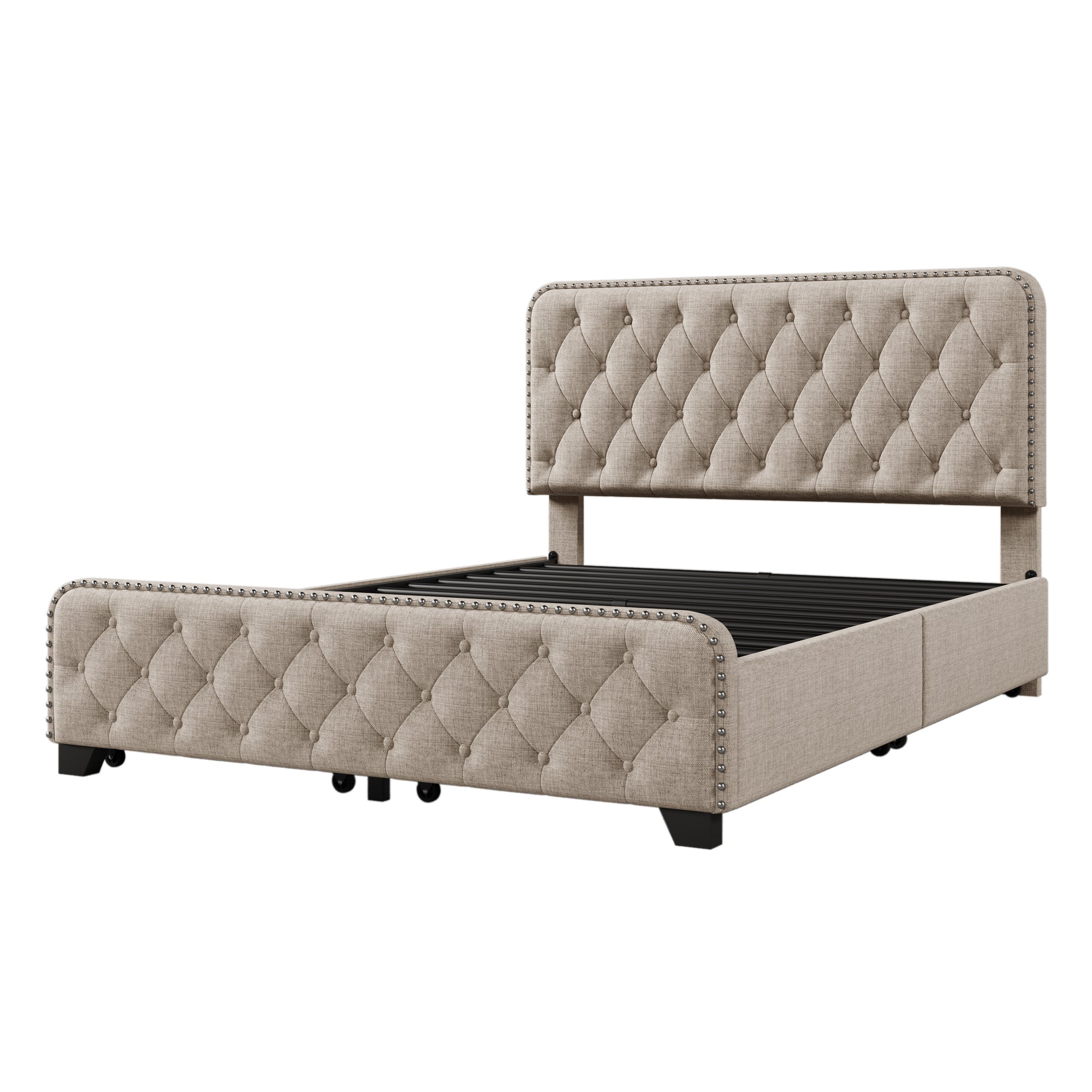 Upholstered Platform Bed Frame with Four Drawers, Button Tufted Headboard and Footboard Sturdy Metal Support, No Box Spring Required, Beige, Full (Old sku:BS300281AAA) - Atlantic Fine Furniture Melbourne FL