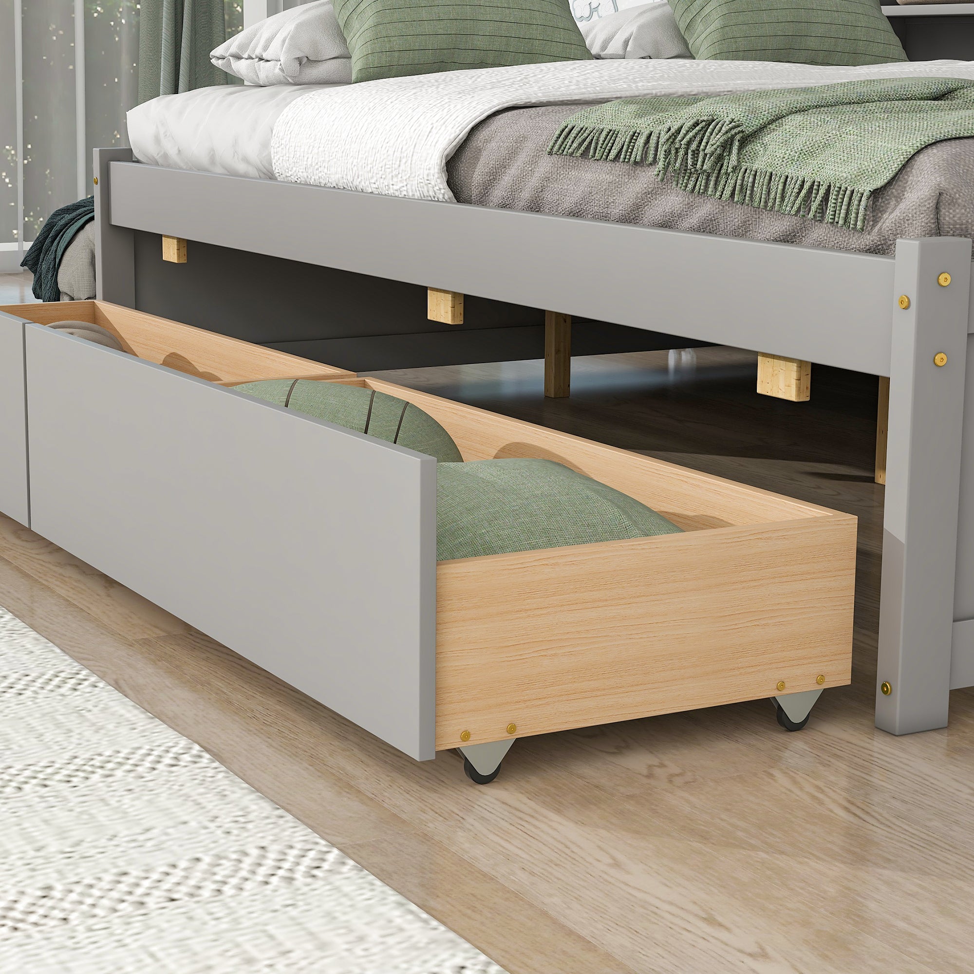 Full Bed with Side Bookcase, Drawers,Grey