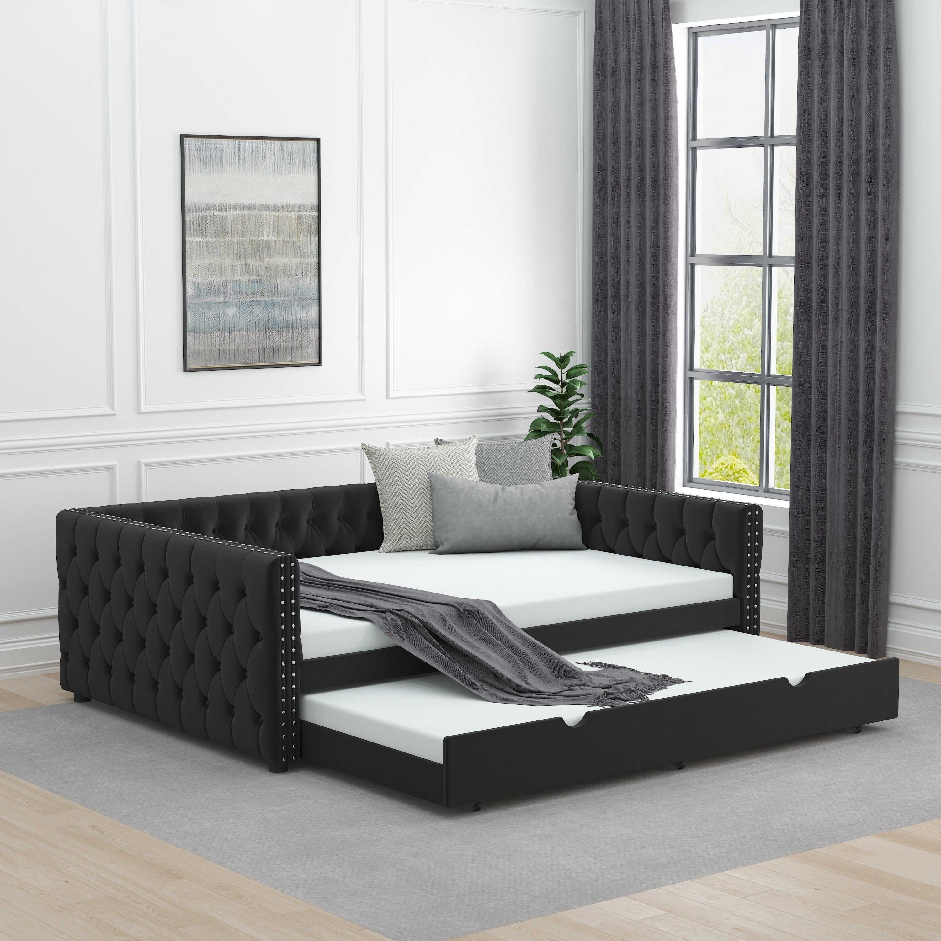 Daybed with Trundle Velvet Upholstered Tufted Sofa Bed, with Button and Copper Nail onSquare Arms,Full Daybed & Twin Trundle- For Bedroom, Living Room, Guest Room,(83"x57"x26") - Atlantic Fine Furniture Melbourne FL