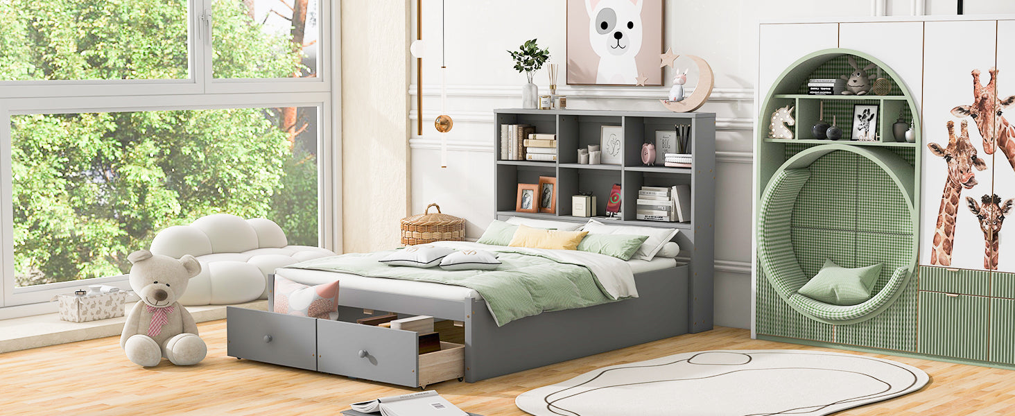 Full Size Platform Bed with Storage Headboard, Charging Station and 2 Drawers, Gray - Atlantic Fine Furniture Melbourne FL