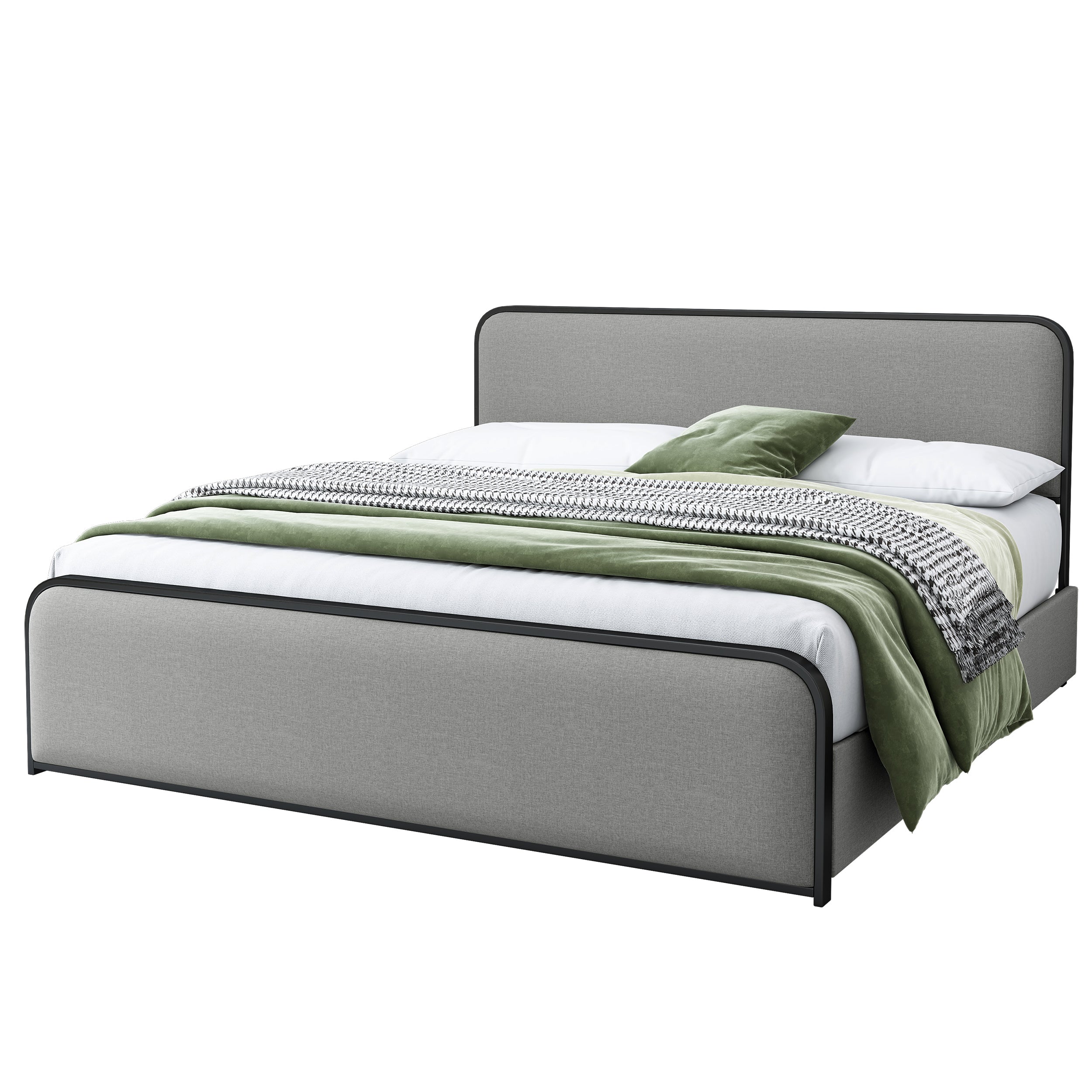 Modern Metal Bed Frame with Curved Upholstered Headboard and Footboard Bed with 4 Storage Drawers, Heavy Duty Metal Slats, King Size, Grey - Atlantic Fine Furniture Melbourne FL