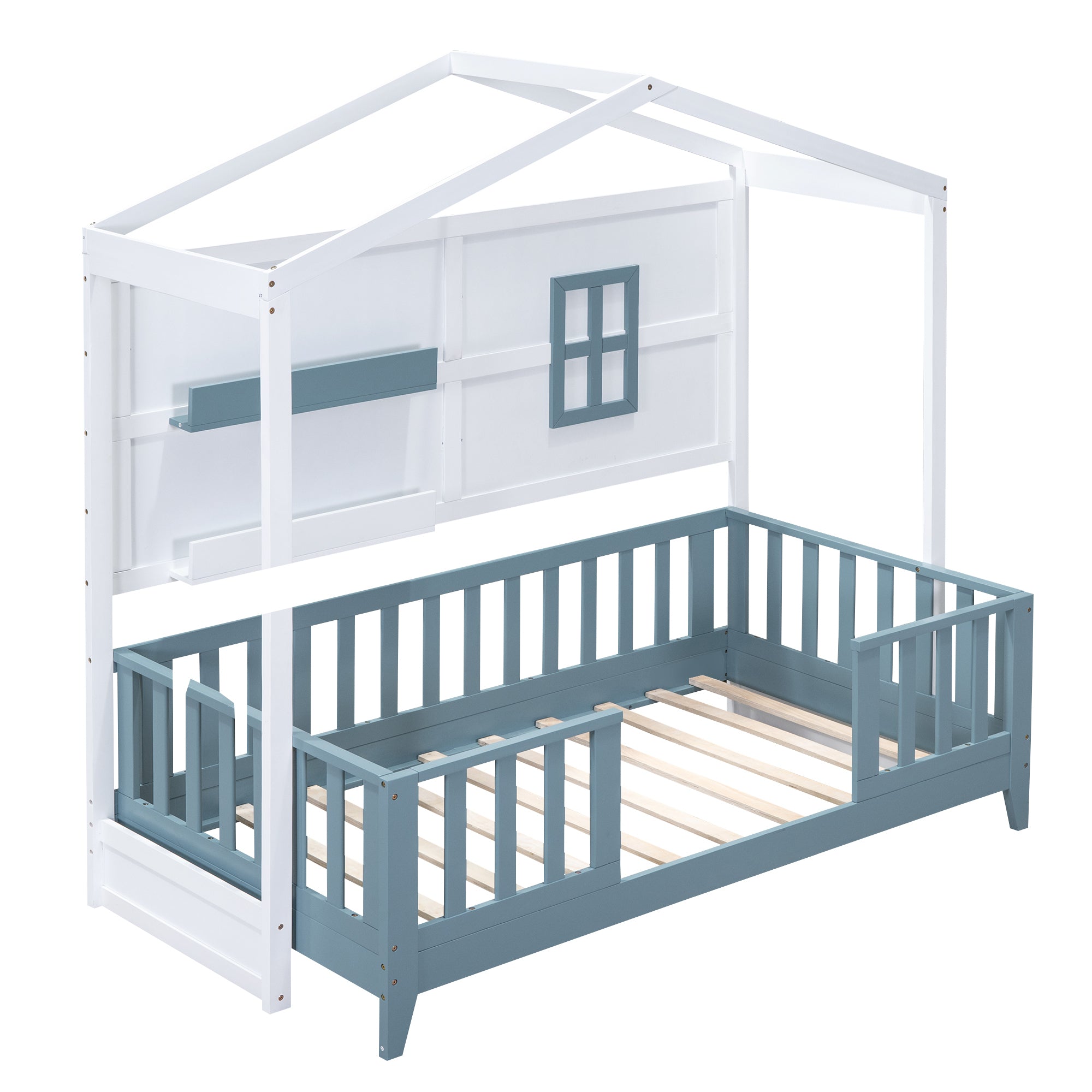 Twin Size Wood House Bed with 2 Shelves and Guardrail, White - Atlantic Fine Furniture Melbourne FL