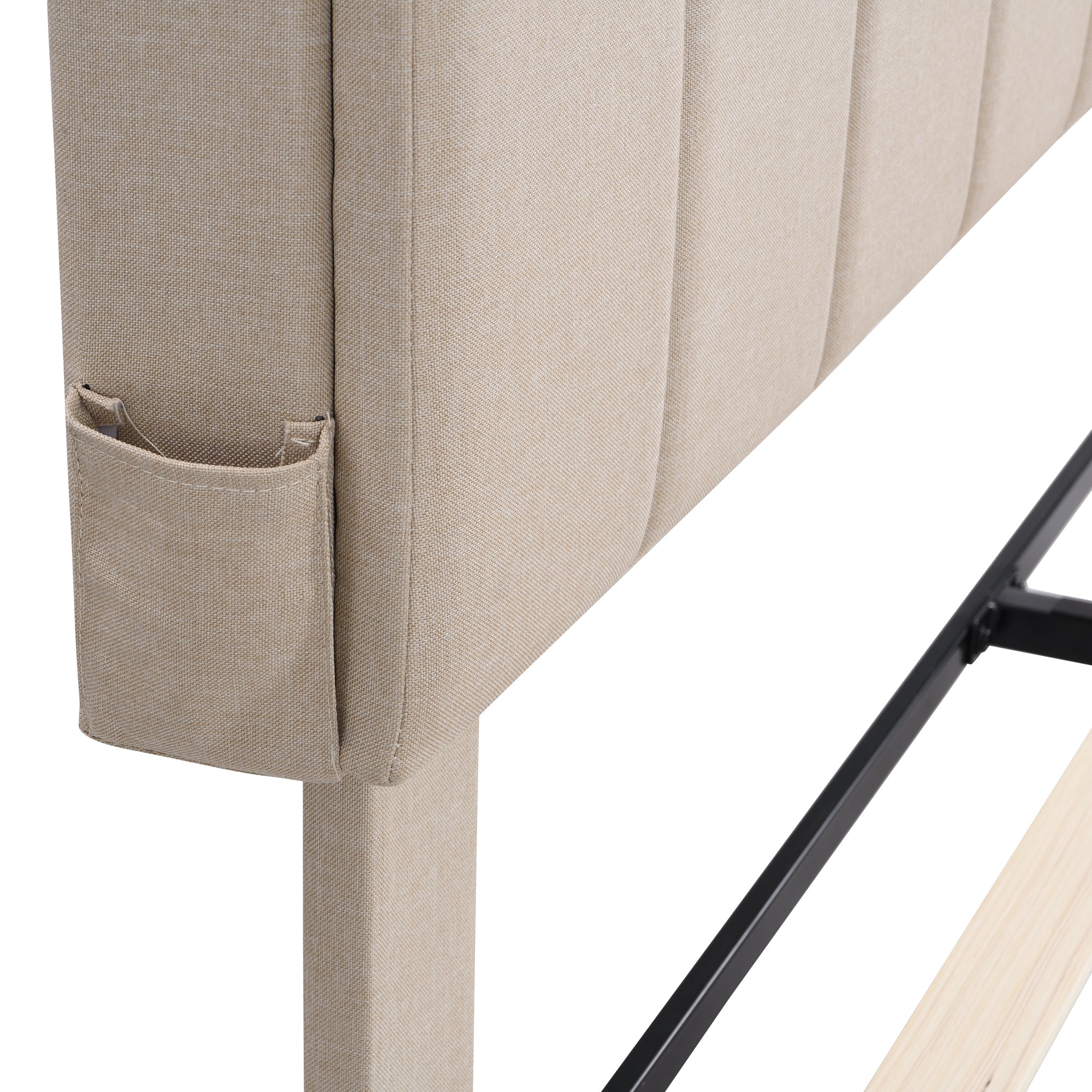 Queen Size Upholstered Platform Bed with Storage Headboard and USB Port, Linen Fabric Upholstered Bed (Beige)