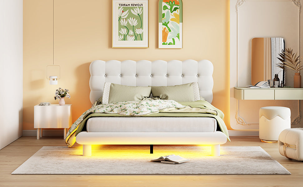 Queen Size Velvet Platform Bed with LED Frame, Thick & Soft Fabric and Button-tufted Design Headboard, Beige - Atlantic Fine Furniture Melbourne FL