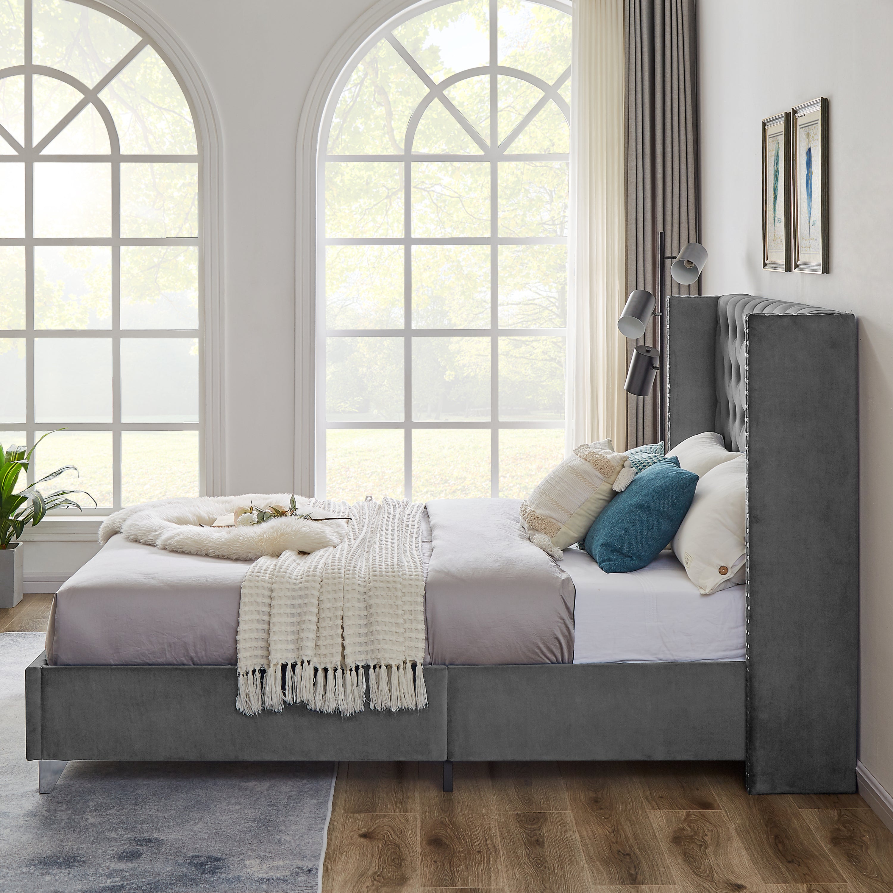 B100S Queen bed, Button designed Headboard, strong wooden slats + metal support feet, Gray Flannelette