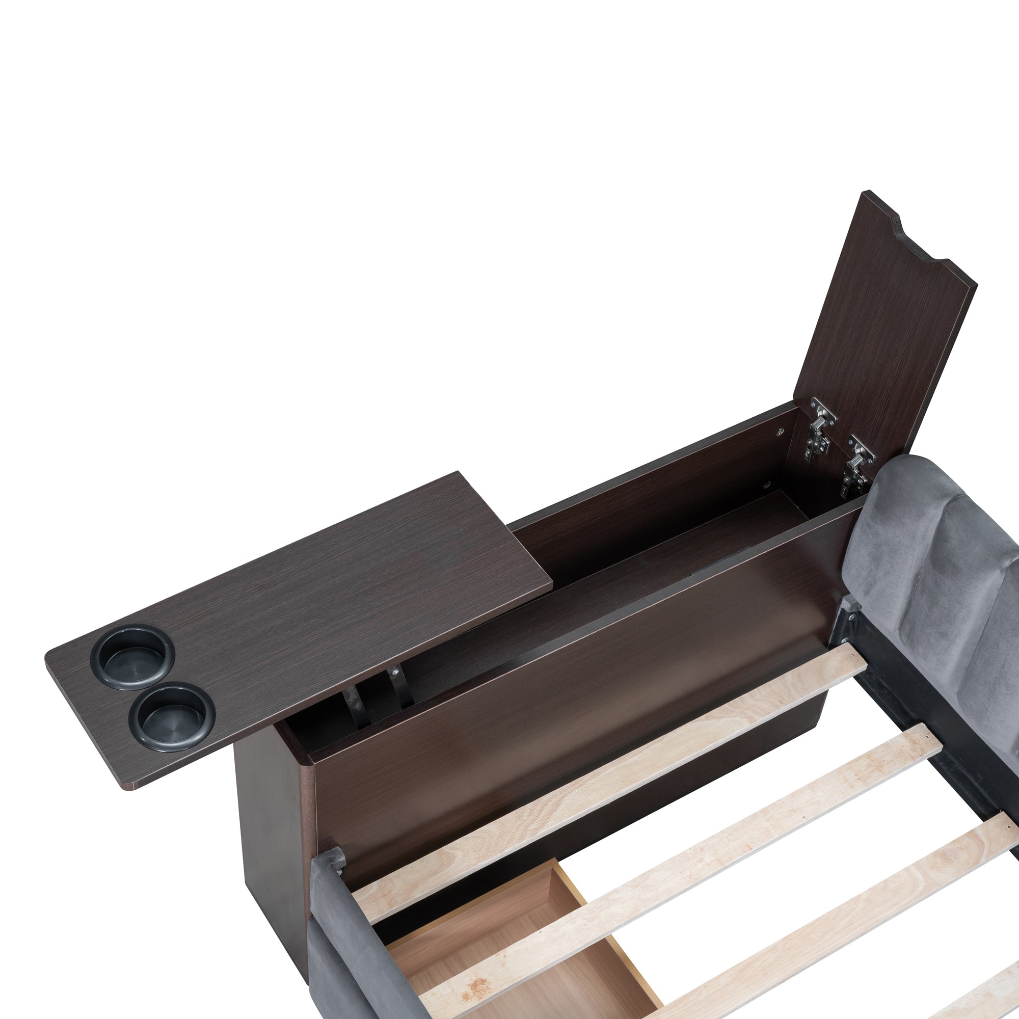 Twin Size Upholstered Daybed with Storage Armrest and 2 Drawers, Multi-functional Daybed with Cup Holder and a set of USB Ports and Sockets, Gray - Atlantic Fine Furniture Melbourne FL