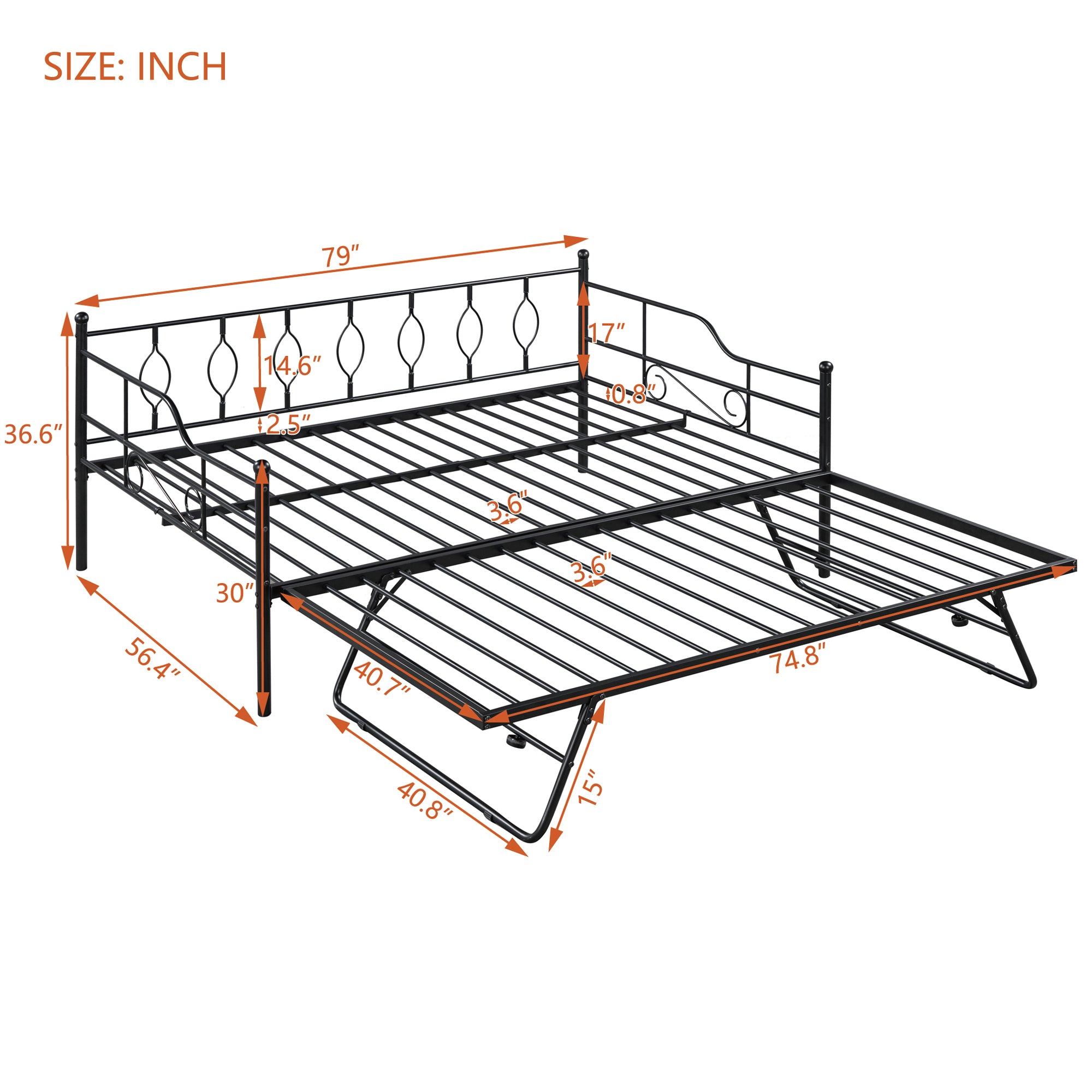 Full Size Metal Daybed with Twin Size Adjustable Trundle, Portable Folding Trundle, Black(OLD SKU:MF293730AAB)