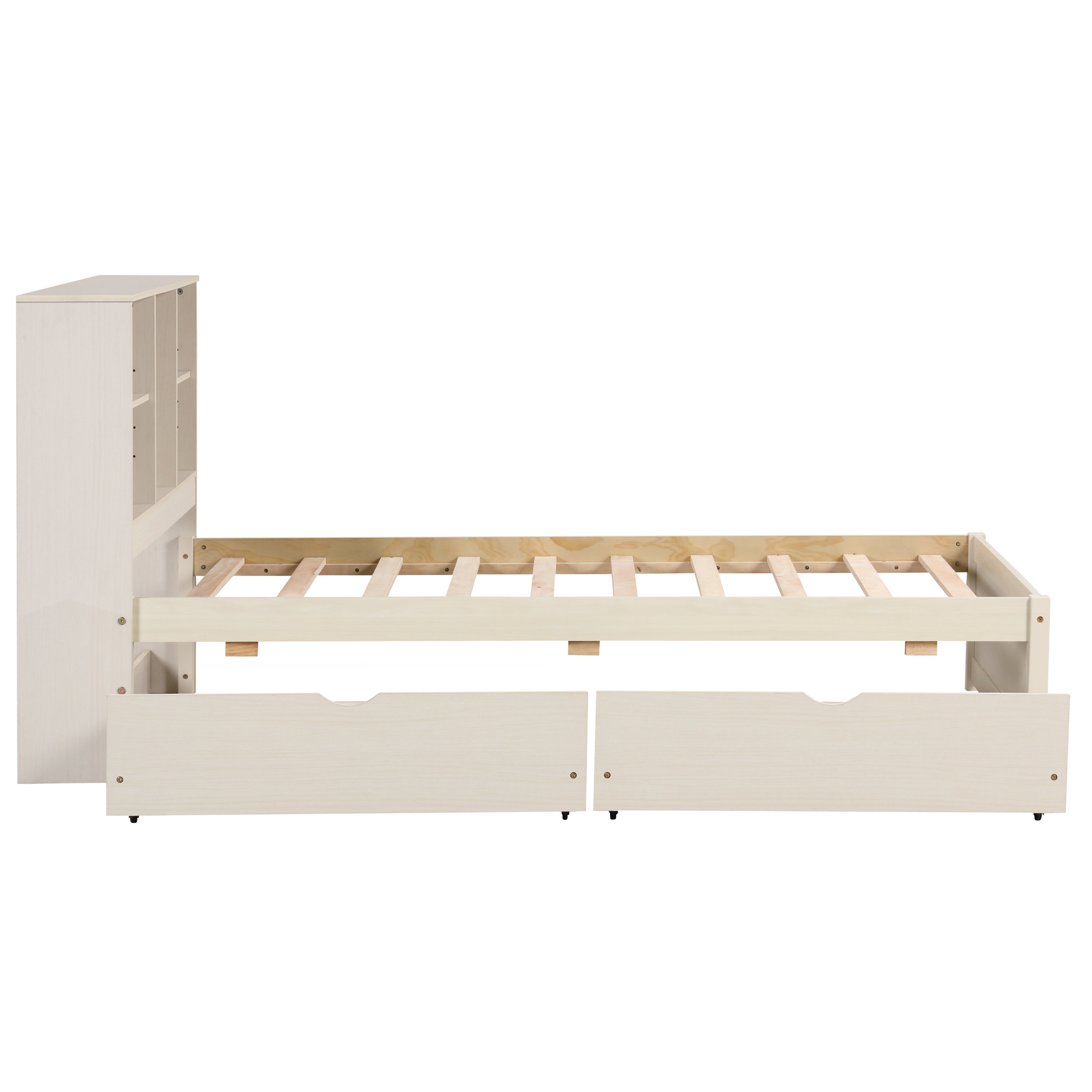 Modern Twin Size Bed Frame With Built-in USB Port on Bookcase Headboard and 2 Drawers for White Washed Color - Atlantic Fine Furniture Melbourne FL