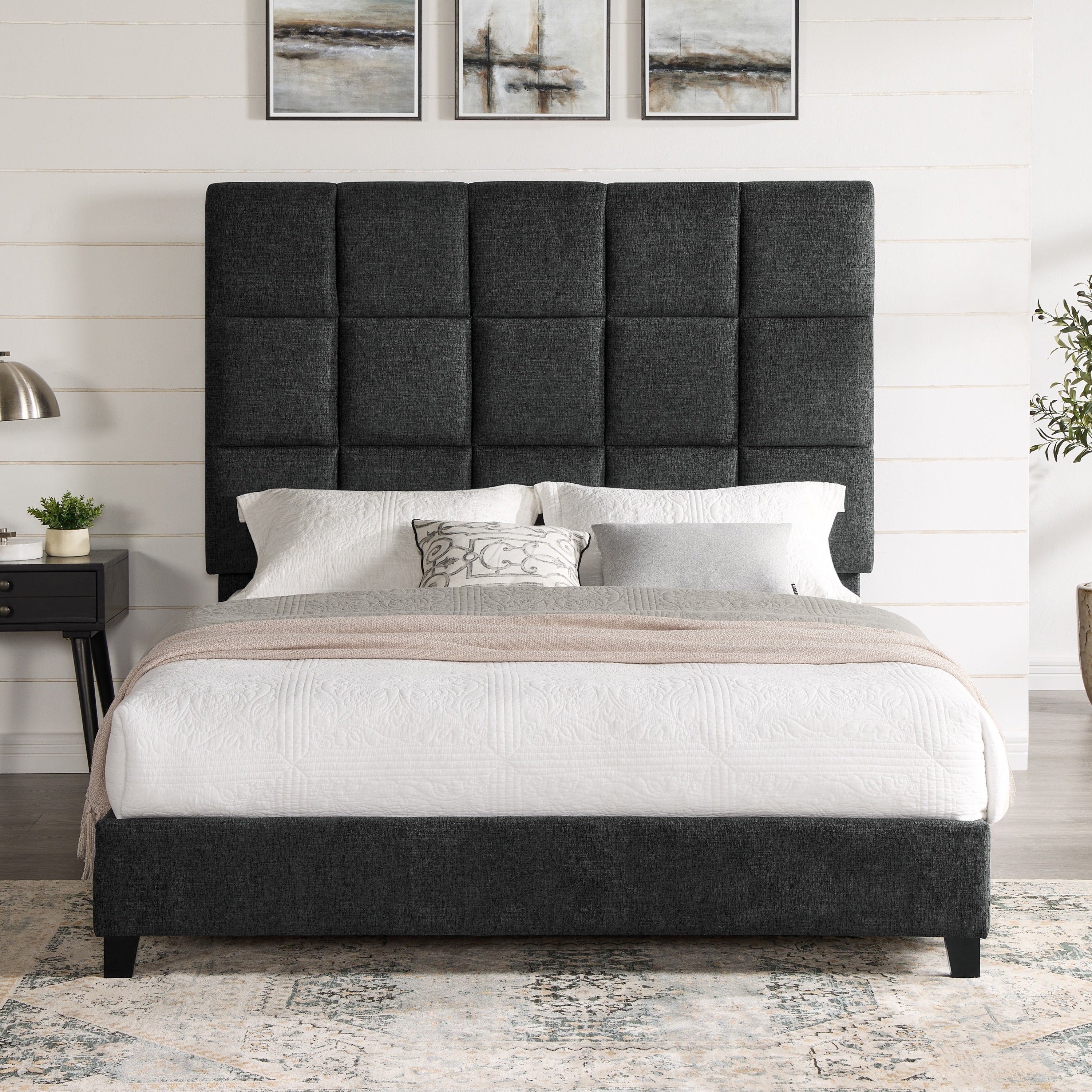 Bridgevine Home Queen Size Grey Squares Upholstered Platform Bed - Atlantic Fine Furniture Melbourne FL