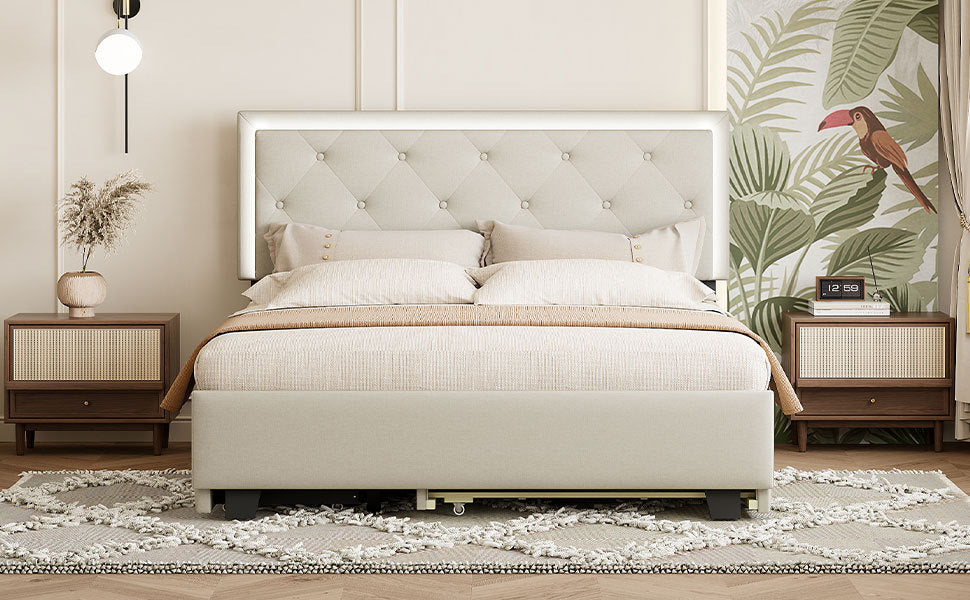 Queen Size Velvet Storage Platform Bed, with 2 Big Drawers, Twin XL Size Trundle and LED Light, Beige - Atlantic Fine Furniture Melbourne FL