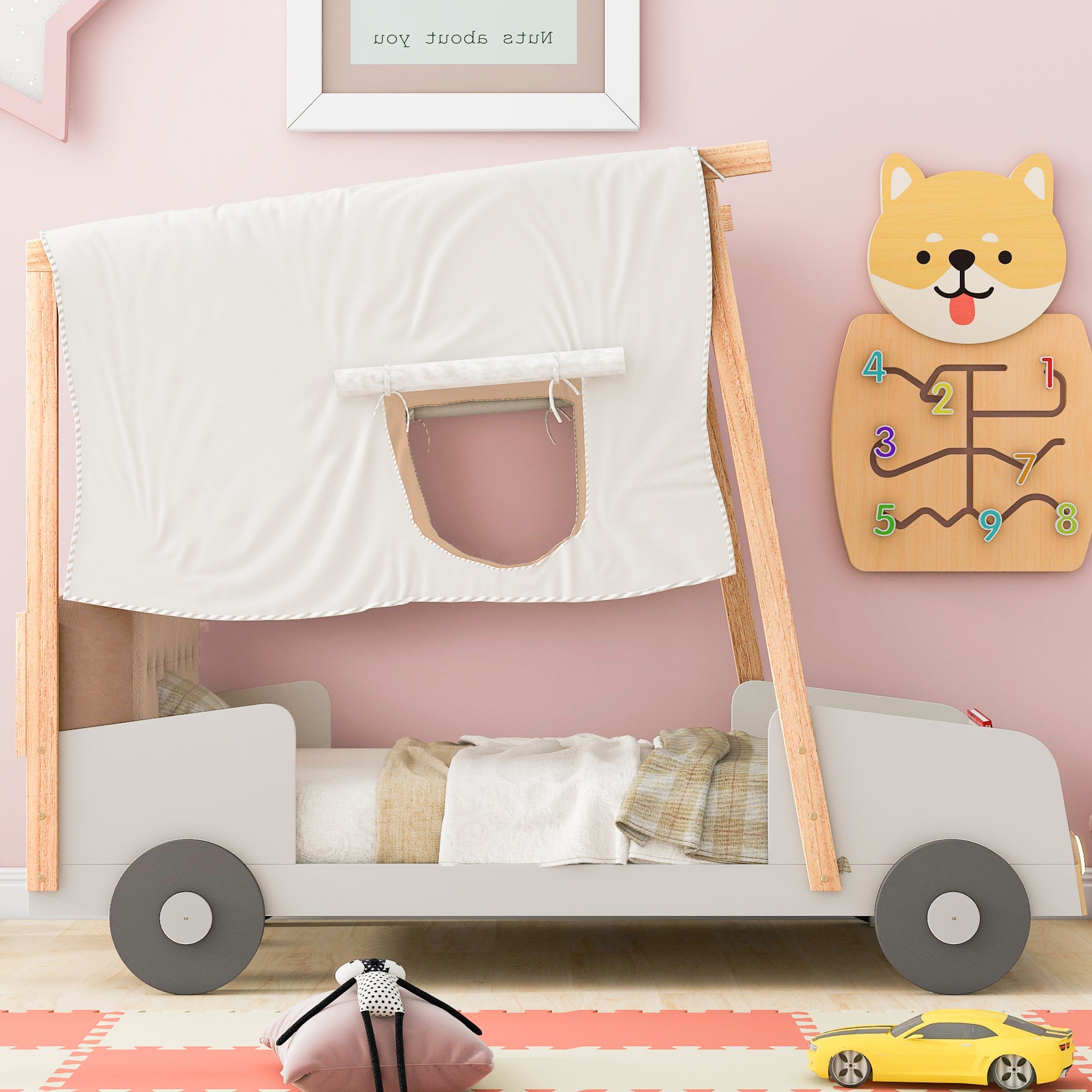 Wood Twin Size Car Bed with Pillow, Ceiling Cloth and LED, Natural - Atlantic Fine Furniture Melbourne FL