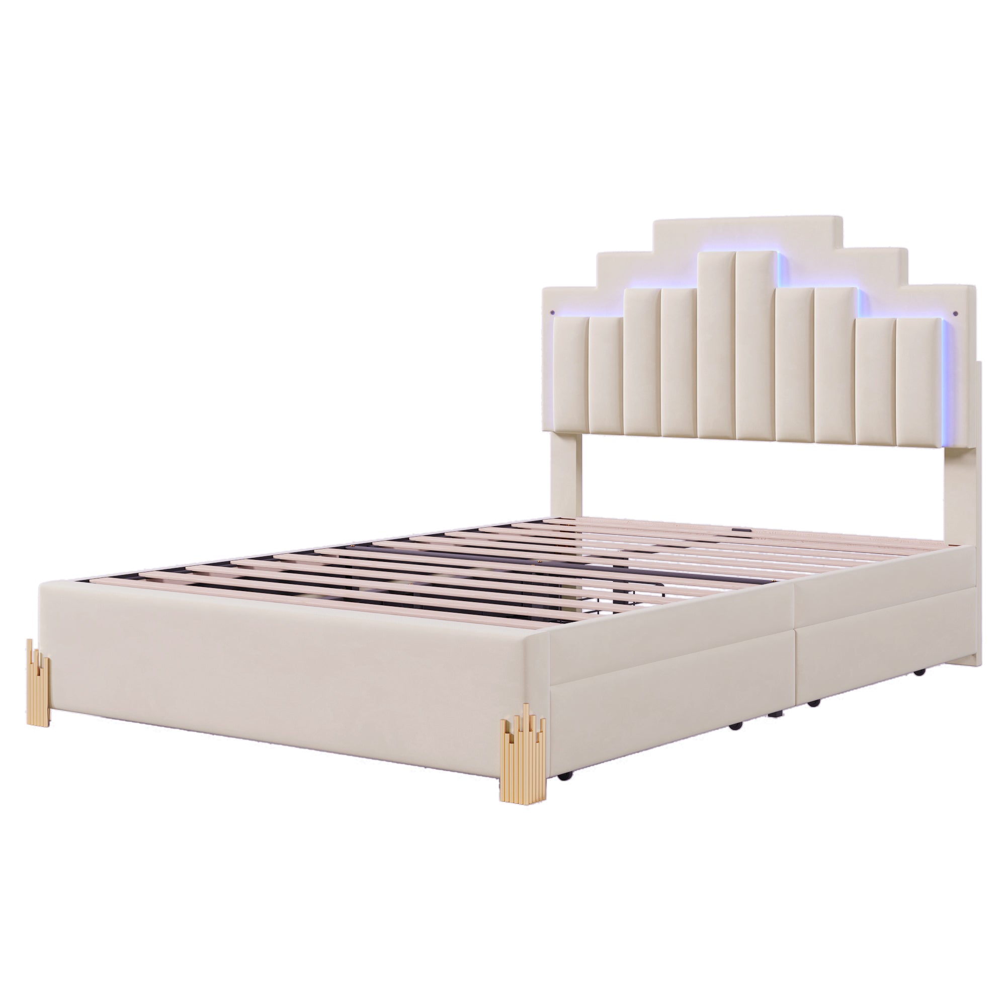 Full Size Upholstered Platform Bed with LED Lights and 4 Drawers, Stylish Irregular Metal Bed Legs Design, Beige - Atlantic Fine Furniture Melbourne FL