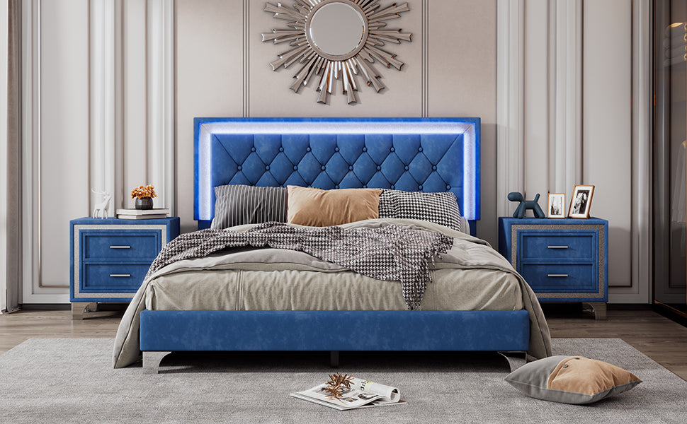 Queen Size Upholstered Bed Frame with LED Lights,Modern Velvet Platform Bed with Tufted Headboard,Blue - Atlantic Fine Furniture Melbourne FL
